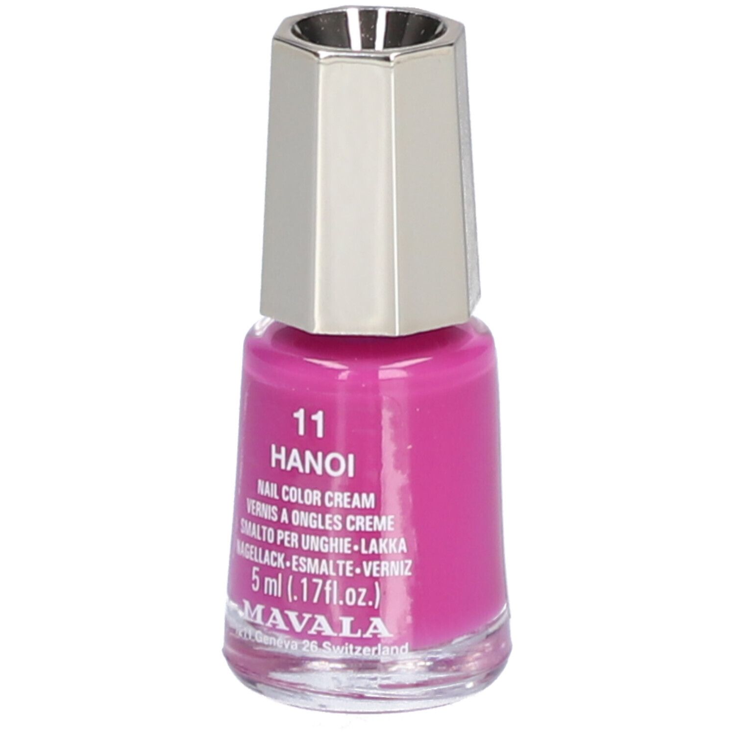 Flacon de vernis à ongles rose, bouchon argenté. Inscription : 11 Hanoi, Nail Color Creme, 5 ml.