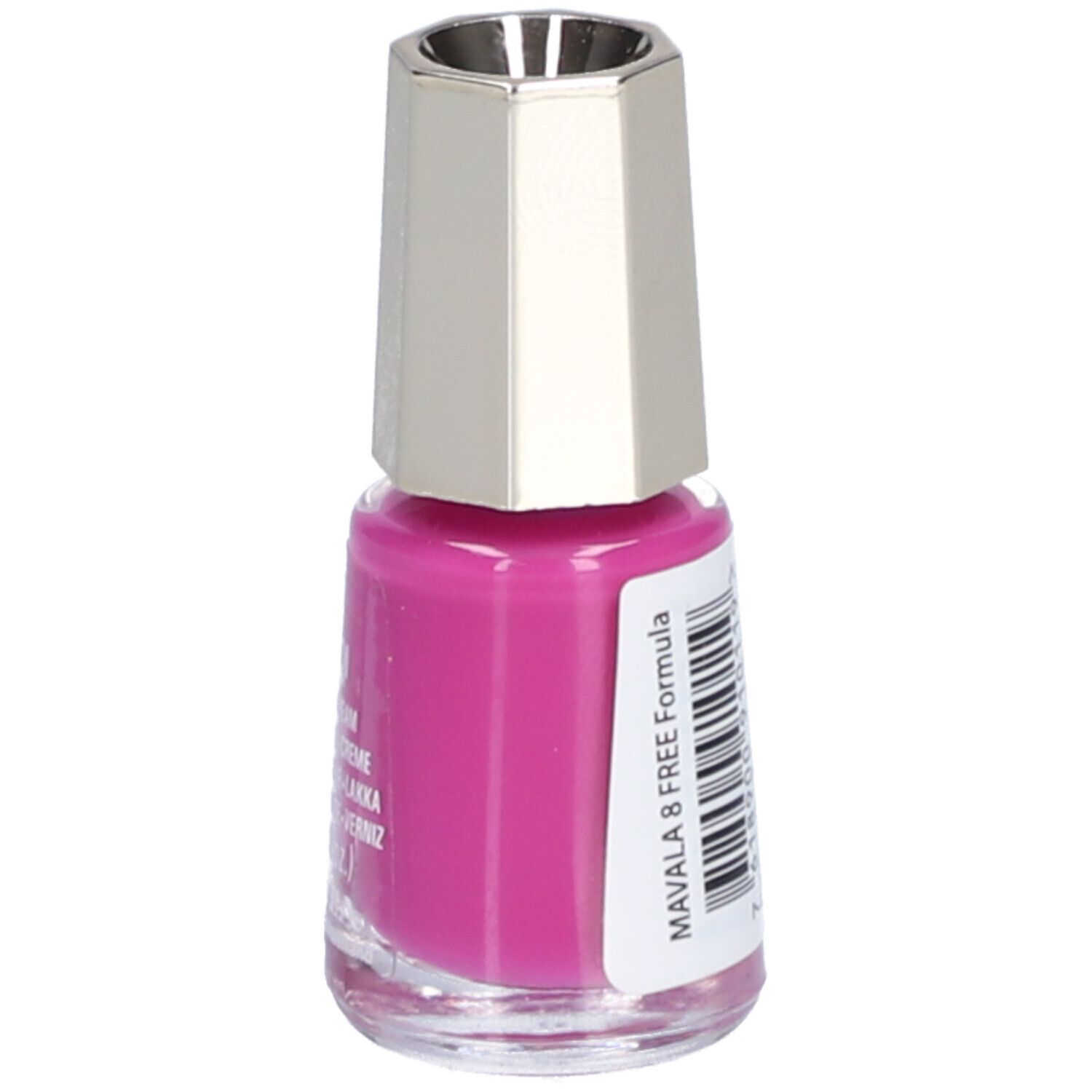 Flacon de vernis à ongles rose, bouchon argenté. Inscription : Mavala 8 Free Formula.