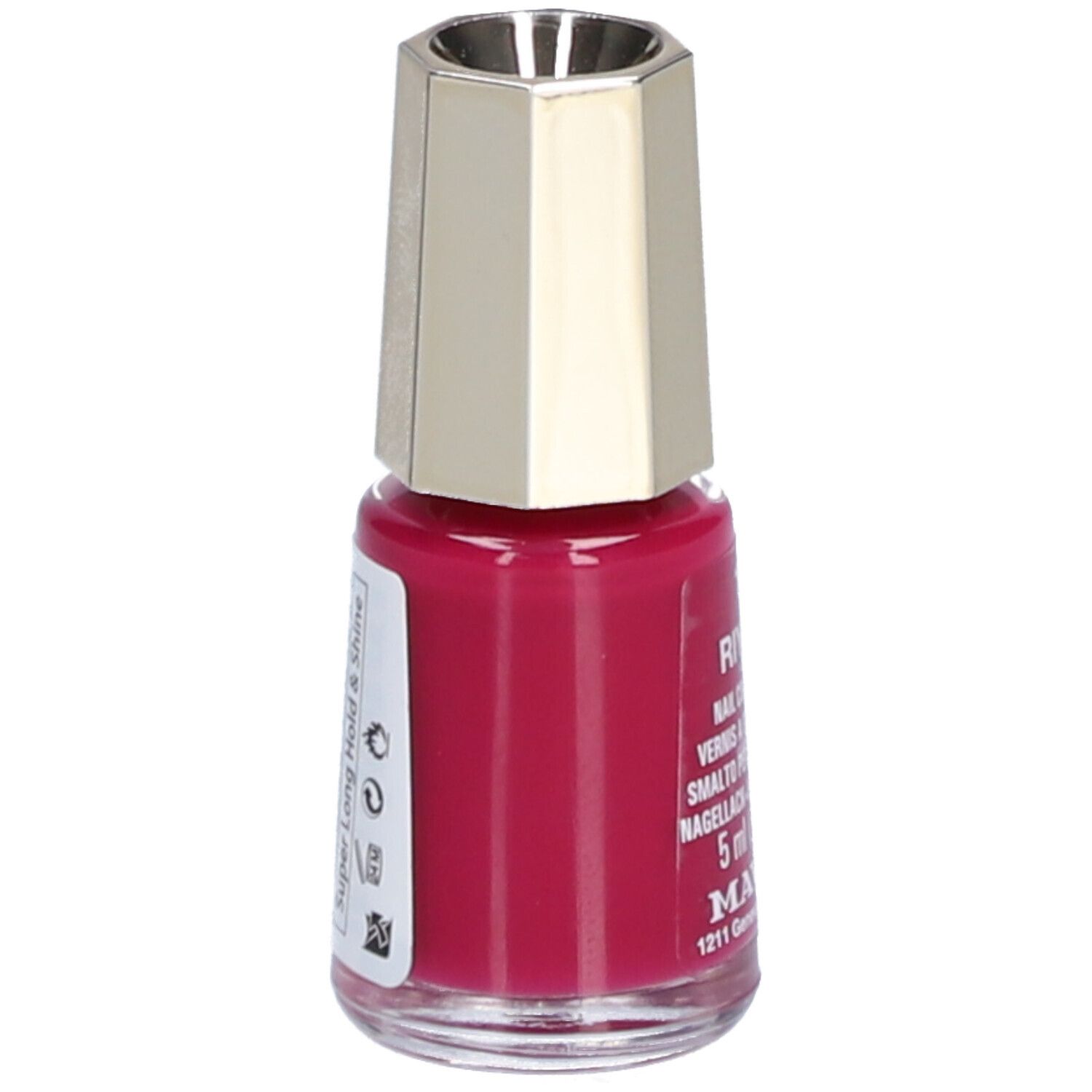 Nagellackflasche, pink. Aufschrift: Riyadh, Nail Color Cream, 5 ml, Mavala. Etikett mit Text.