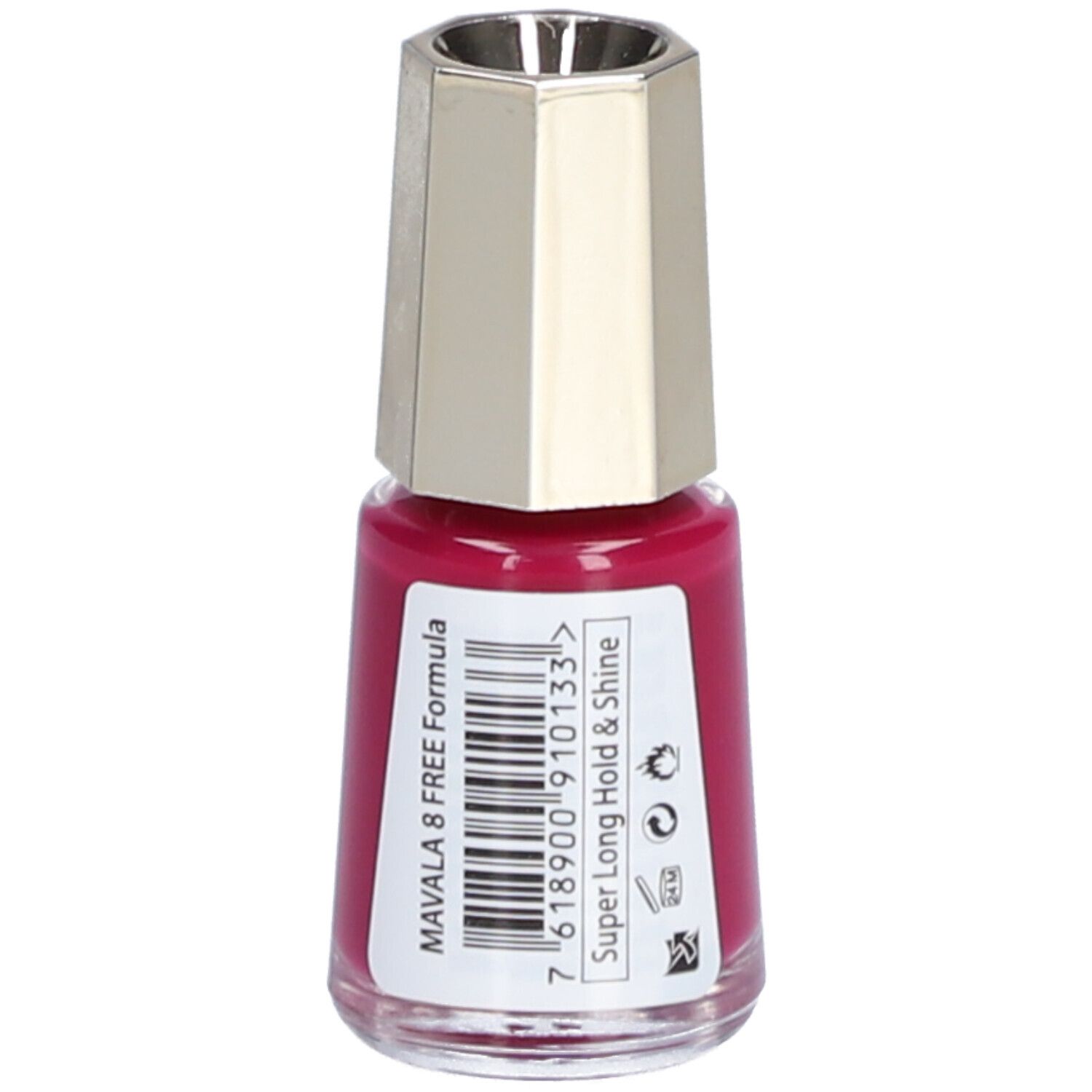 Nagellackflasche, pink. Aufschrift: Mavala 8 Free Formula. Barcode und Text auf Etikett.