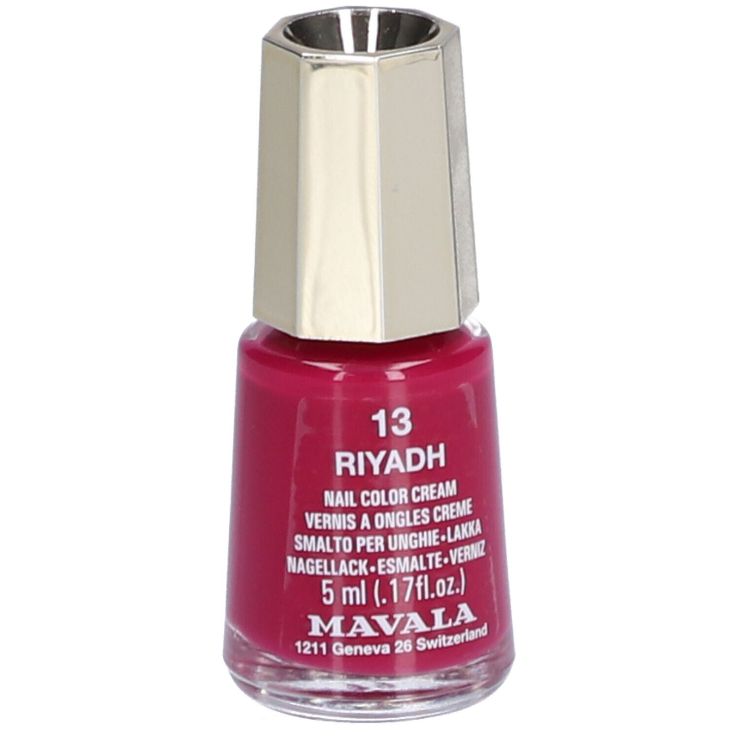 Nagellackflasche, pink. Aufschrift: 13 Riyadh, Nail Color Cream, 5 ml, Mavala.