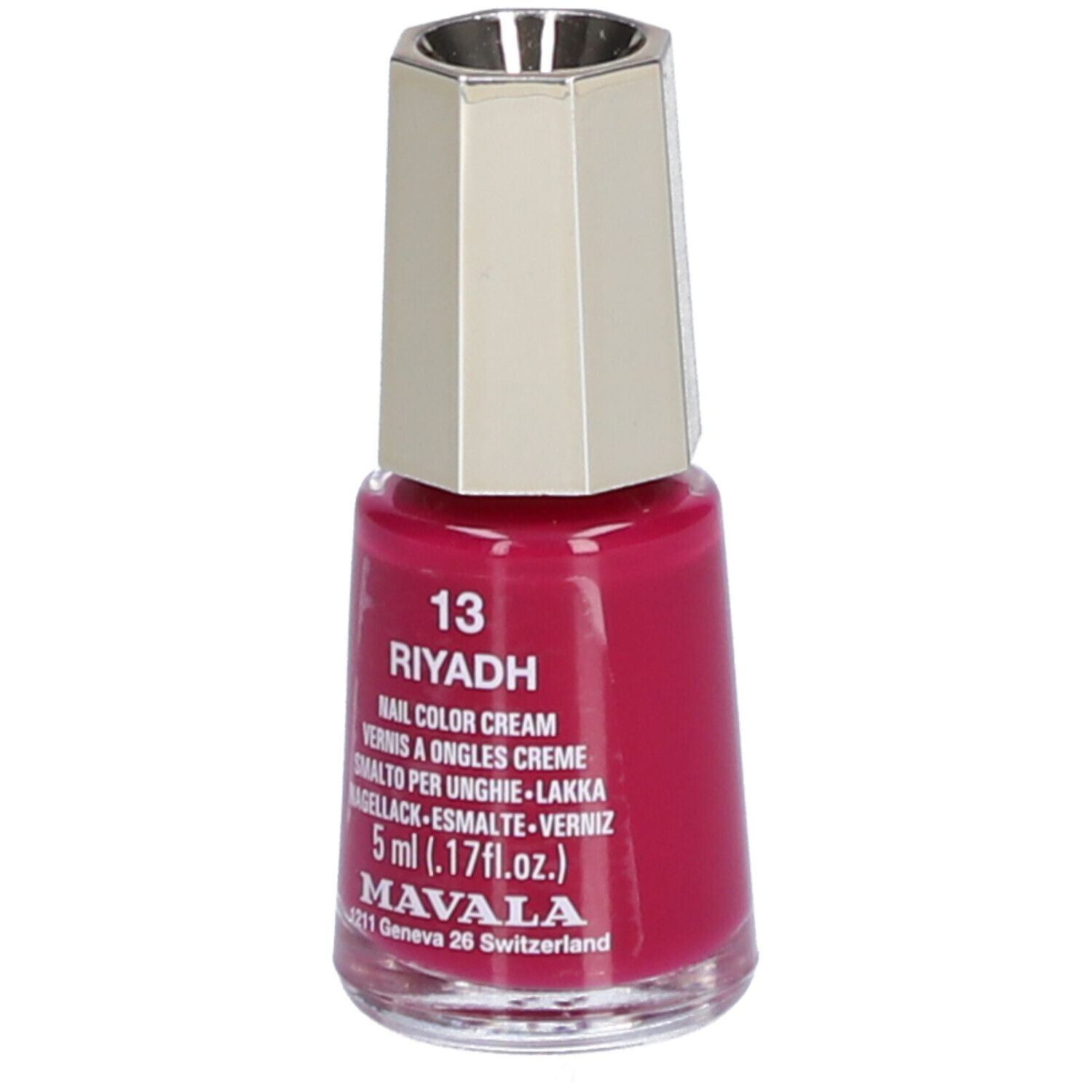 Nagellackflasche, pink. Aufschrift: 13 Riyadh, Nail Color Cream, 5 ml, Mavala.