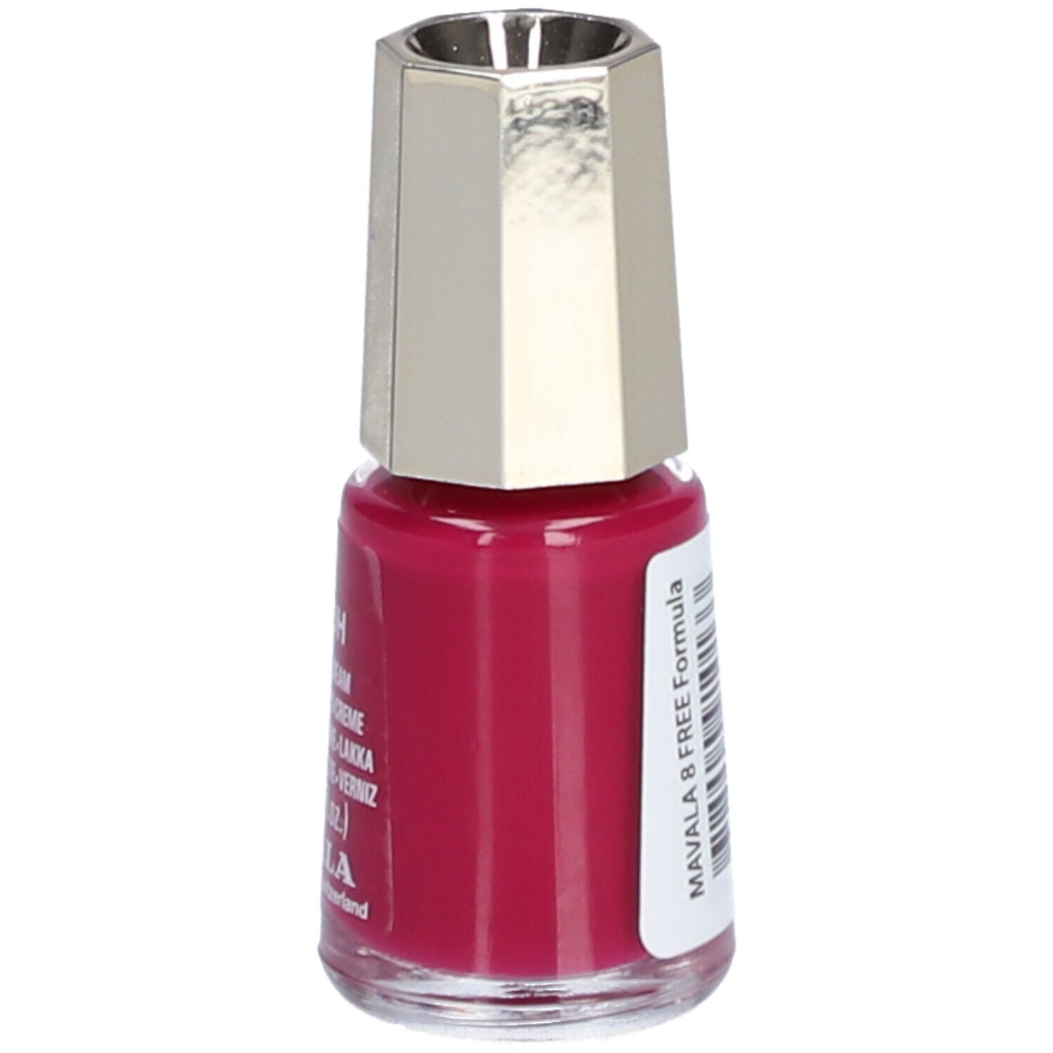 Nagellackflasche, pink. Aufschrift: Mavala 8 Free Formula. Etikett mit Text.