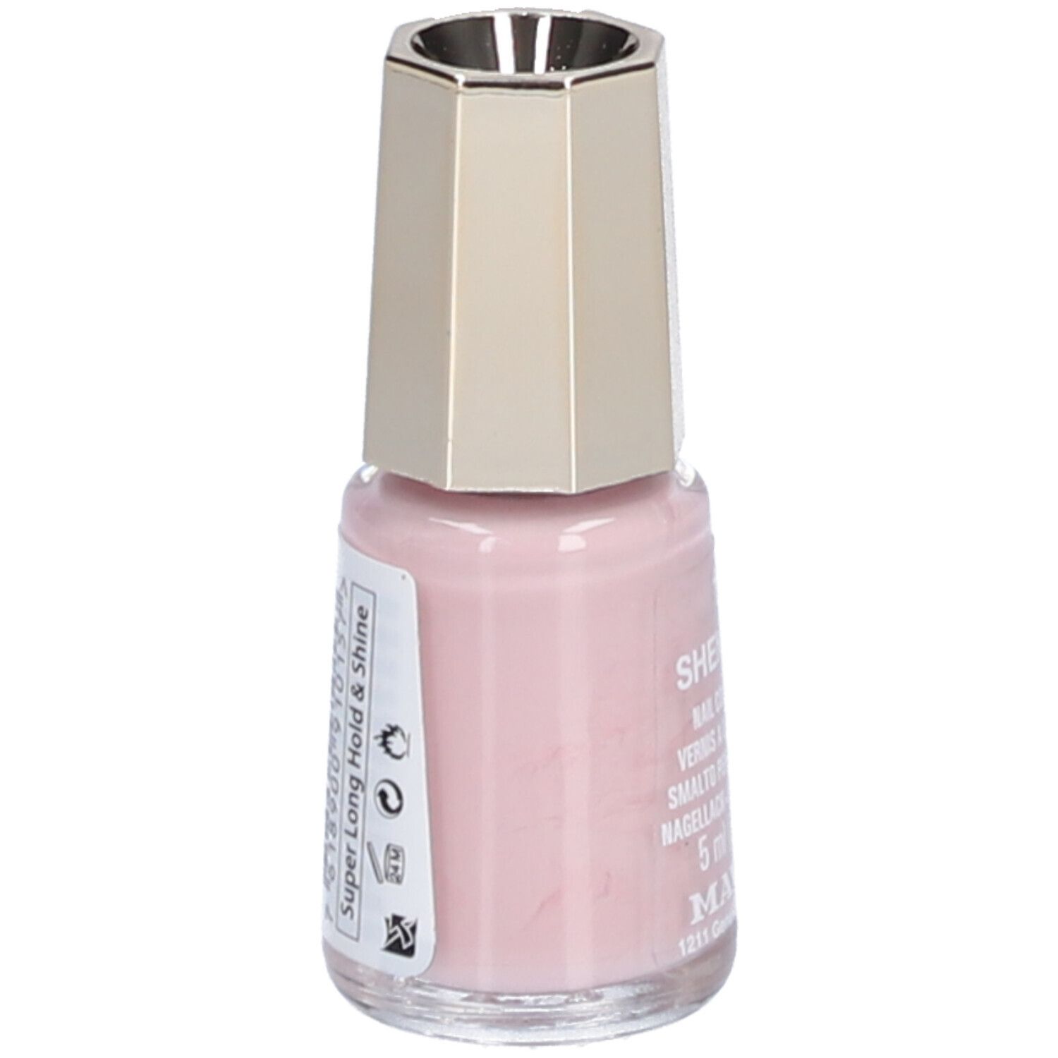 Nagellackflasche, rosa. Etikett mit Text. Marke: Mavala. Super Long Hold & Shine.