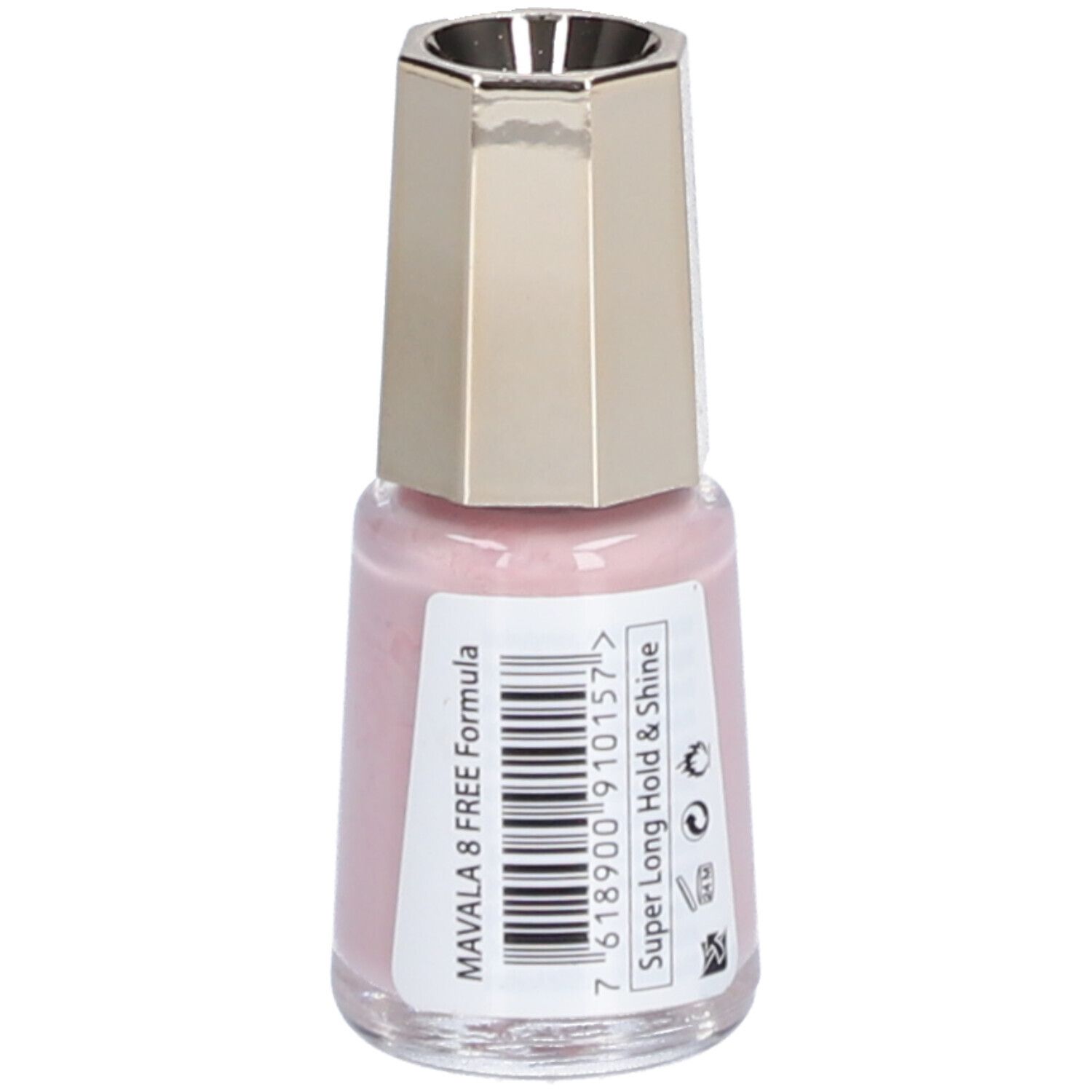 Nagellackflasche, rosa. Etikett mit Barcode und Text. Marke: Mavala. 8 FREE Formula.