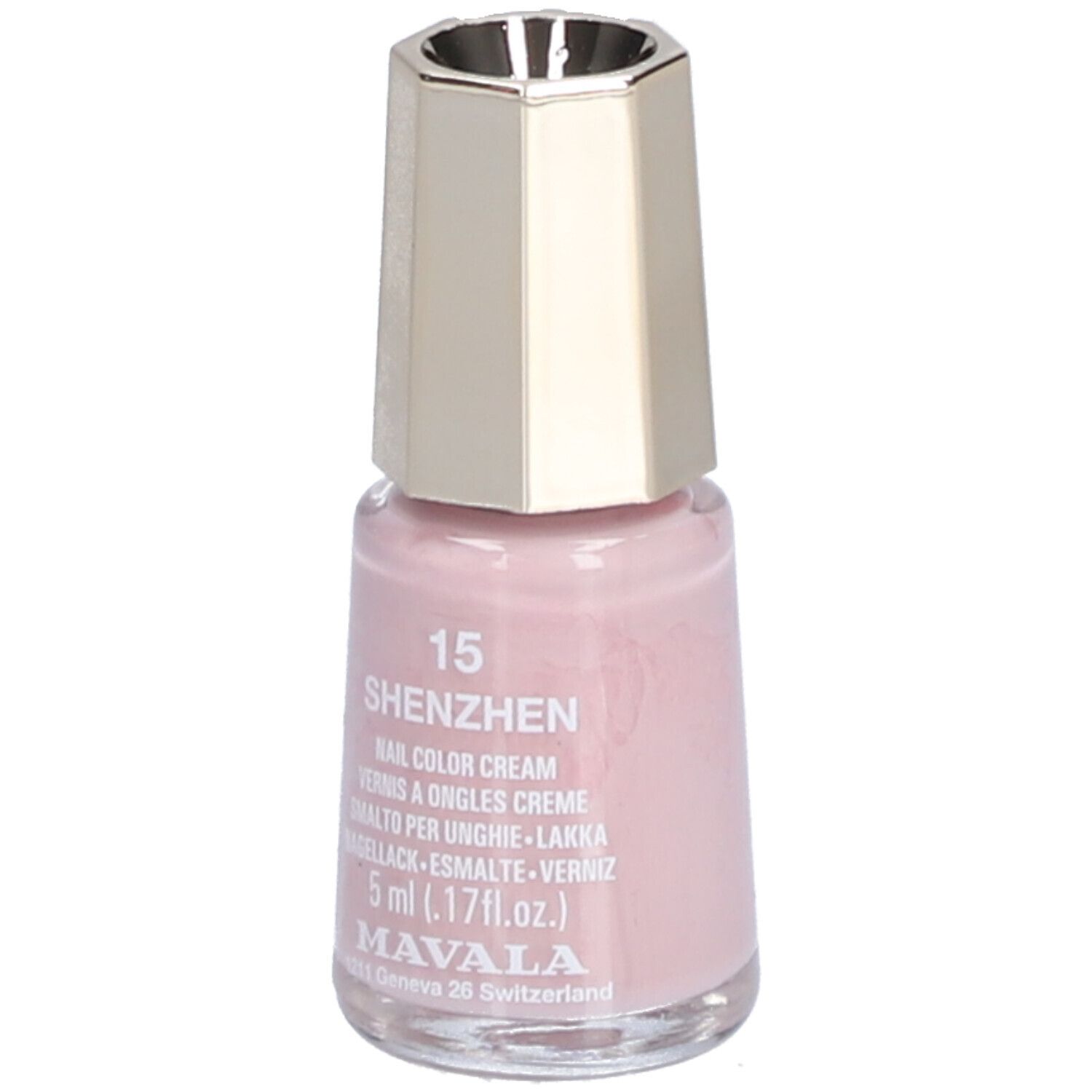 Nagellackflasche, rosa. Bezeichnung: 15 Shenzhen, Nail Color Cream. Marke: Mavala. 5 ml.