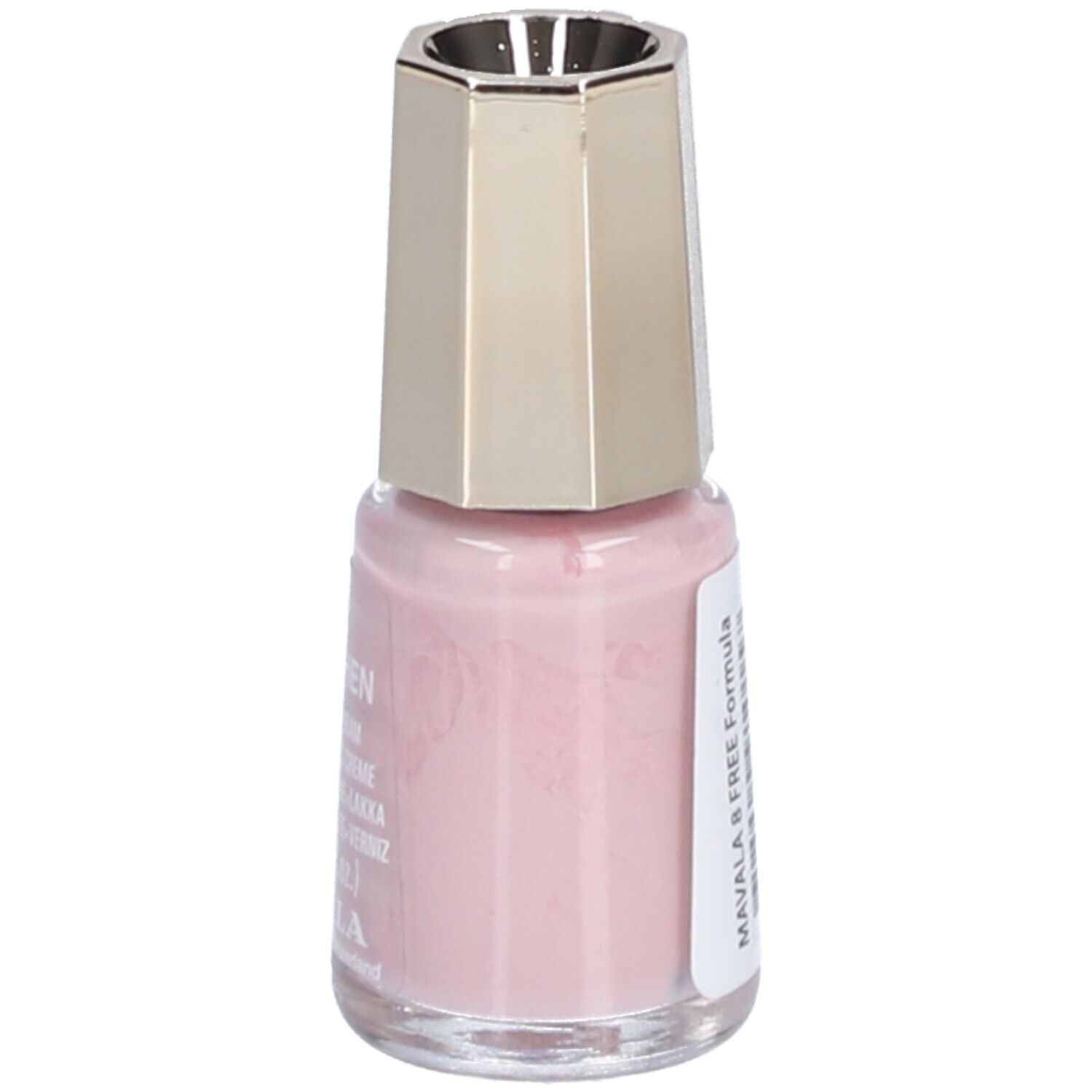 Nagellackflasche, rosa. Etikett mit Text. Marke: Mavala. 8 FREE Formula.