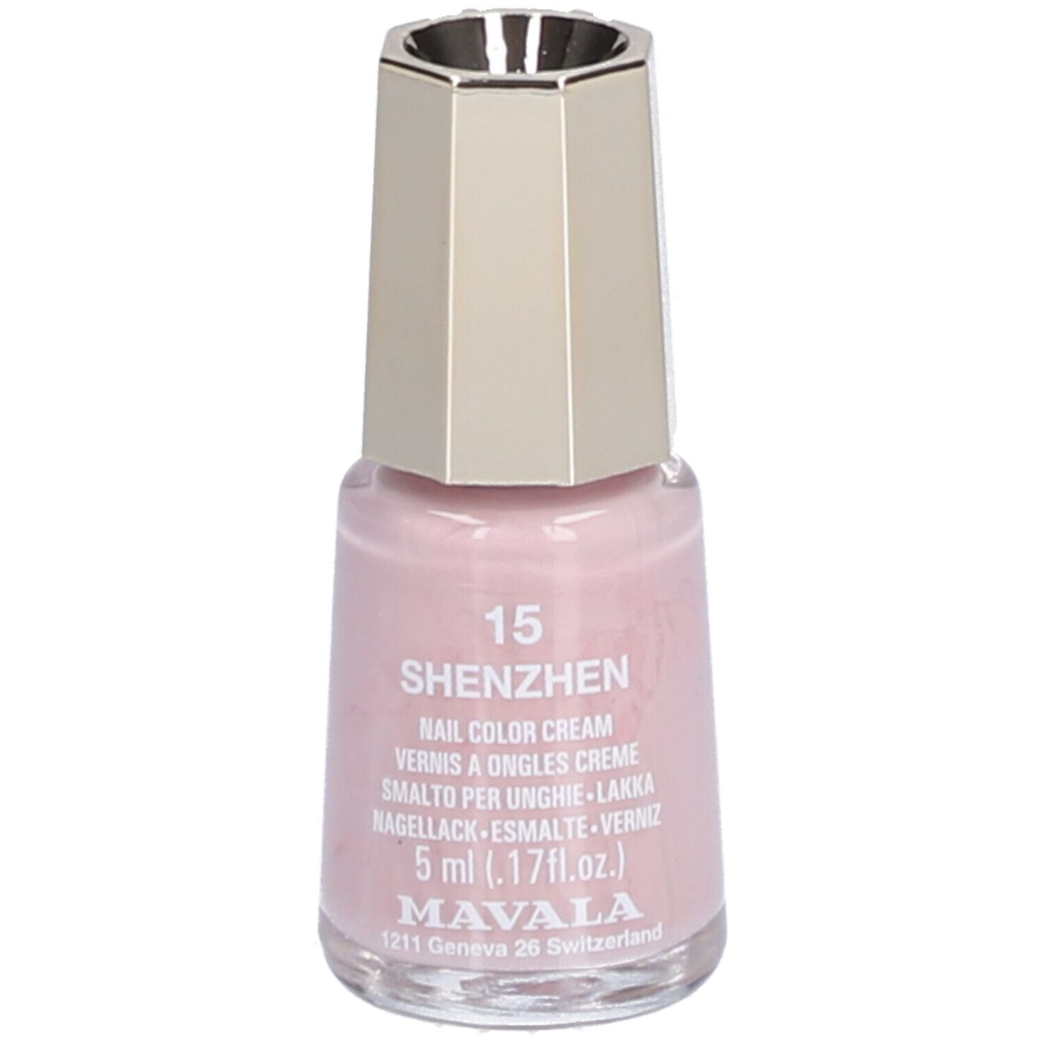 Nagellackflasche, rosa. Bezeichnung: 15 Shenzhen, Nail Color Cream. Marke: Mavala. 5 ml.