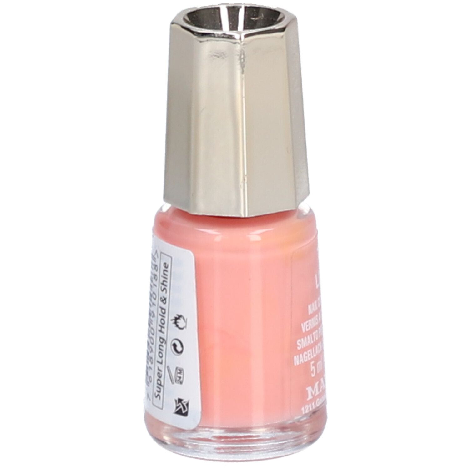 Nagellackflasche, rosa. Aufschrift: Super Long Hold & Shine. Marke: Mavala.