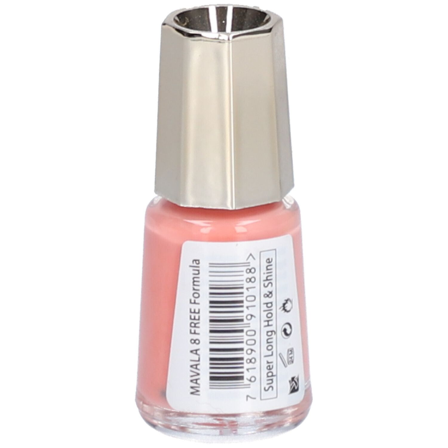 Nagellackflasche, rosa. Aufschrift: Mavala 8 FREE Formula, Super Long Hold & Shine.