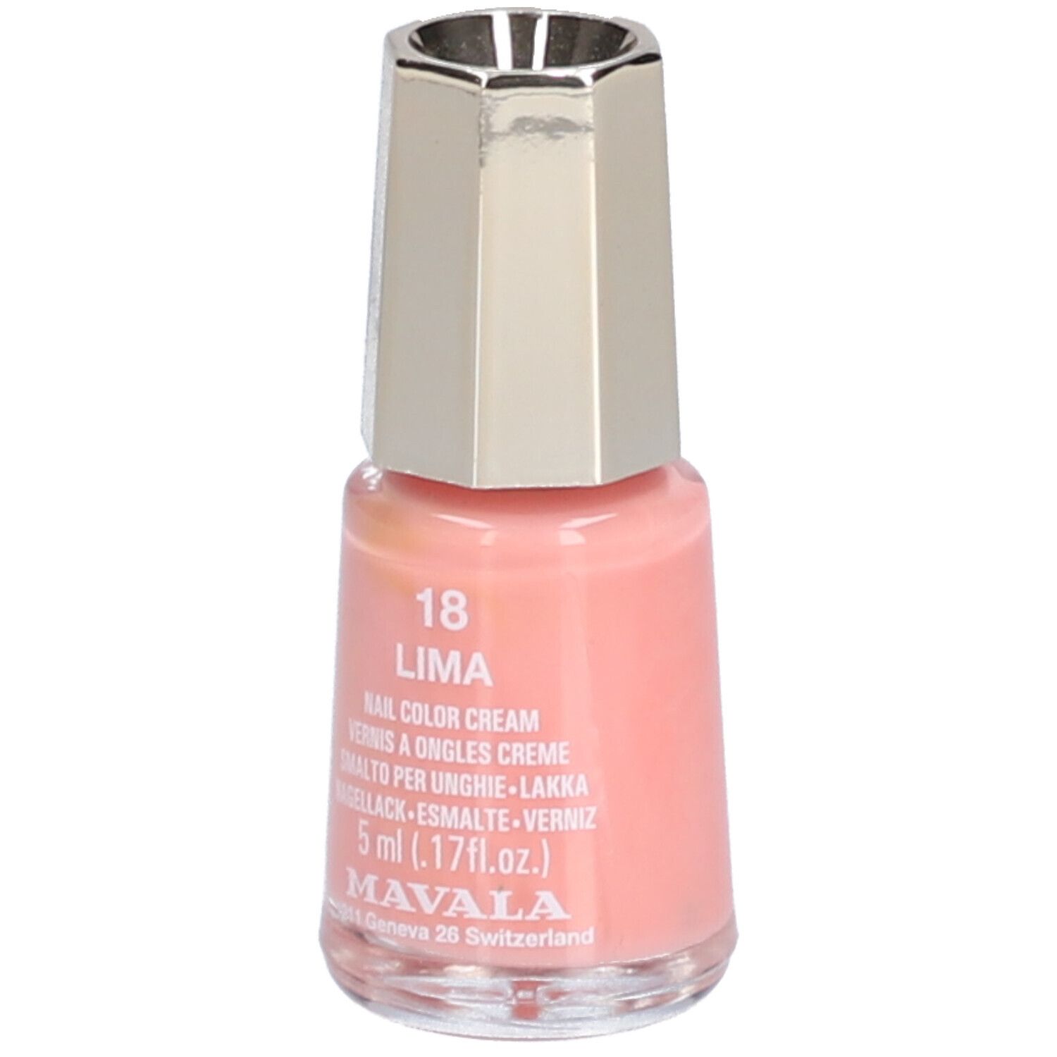 Nagellackflasche, rosa. Aufschrift: 18 Lima, Nail Color Cream, 5 ml. Marke: Mavala.
