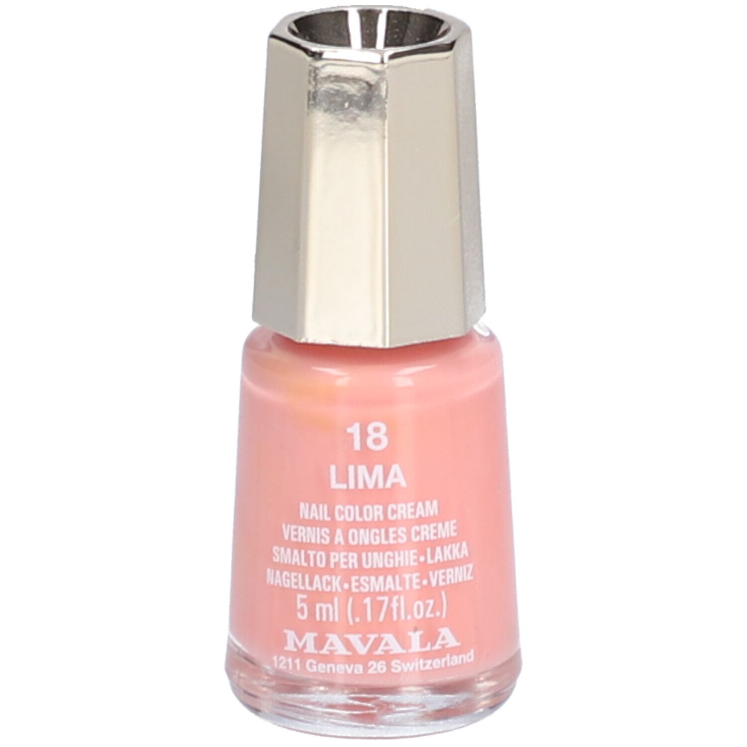 Nagellackflasche, rosa. Aufschrift: 18 Lima, Nail Color Cream, 5 ml. Marke: Mavala.