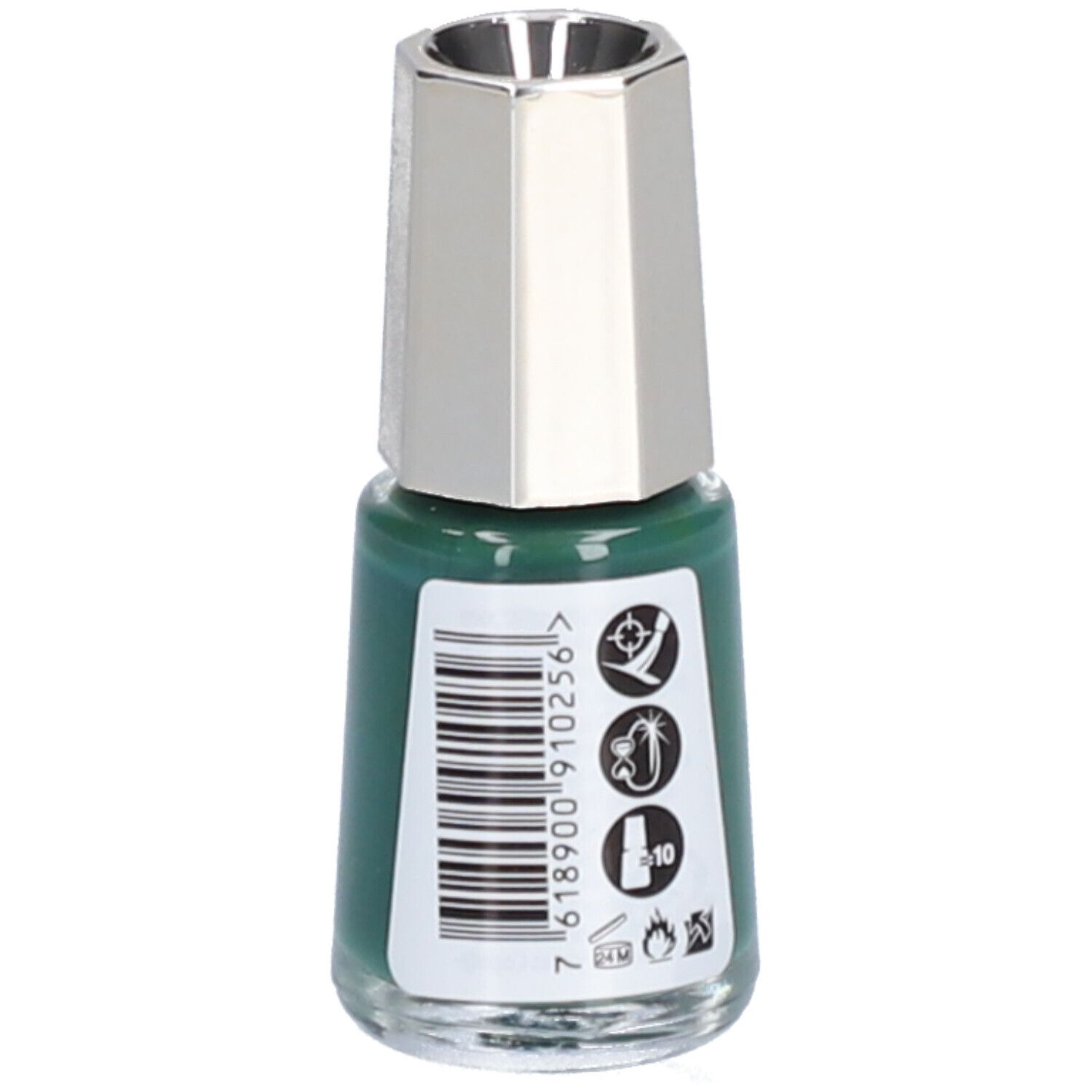 Nagellackflakon, grün, mit silberfarbenem Deckel. Auf dem Etikett sind ein Barcode und Symbole abgebildet.