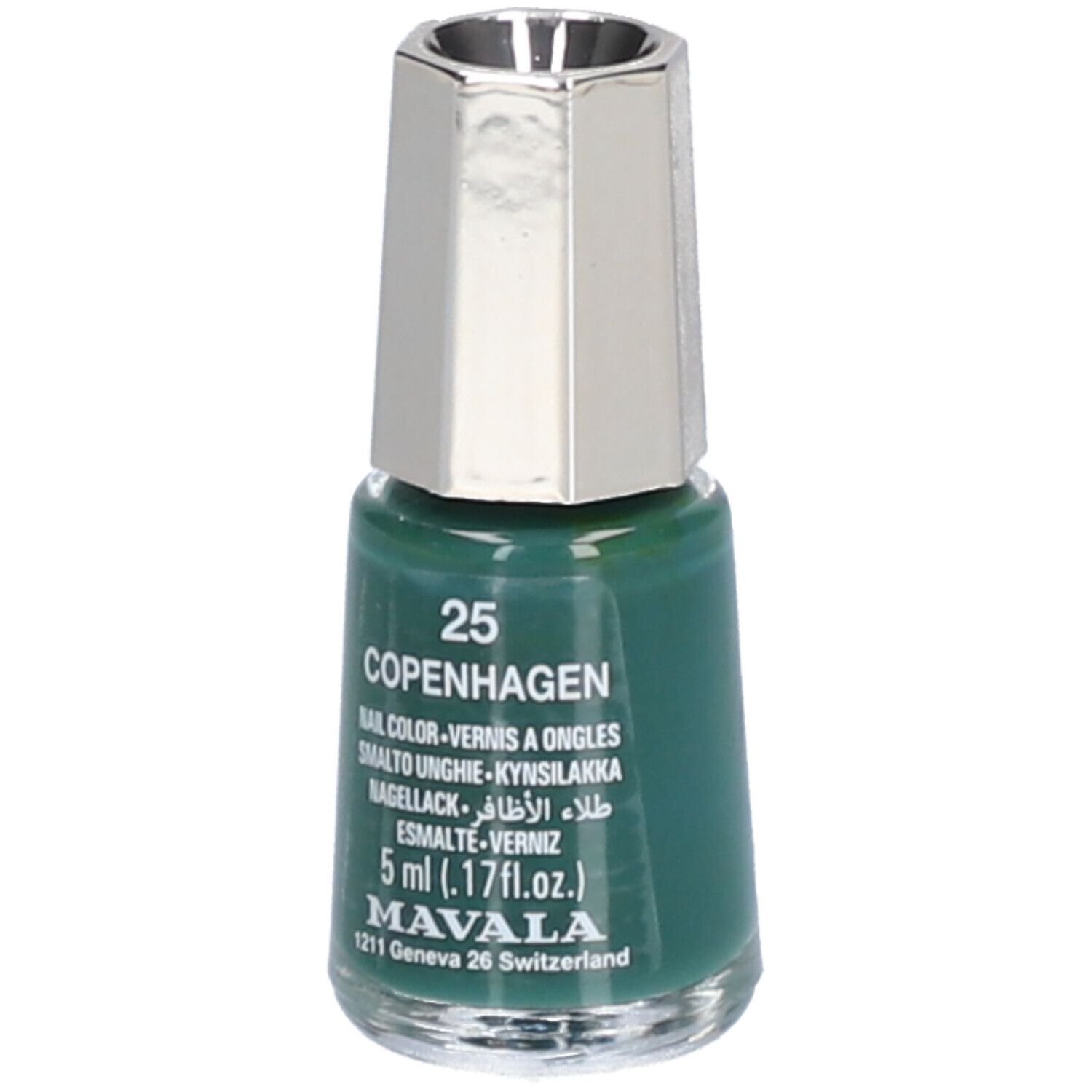 Grüner Nagellackflakon mit silberfarbenem Deckel. Aufschrift: 25 Copenhagen, Nagellack, 5 ml, Mavala.