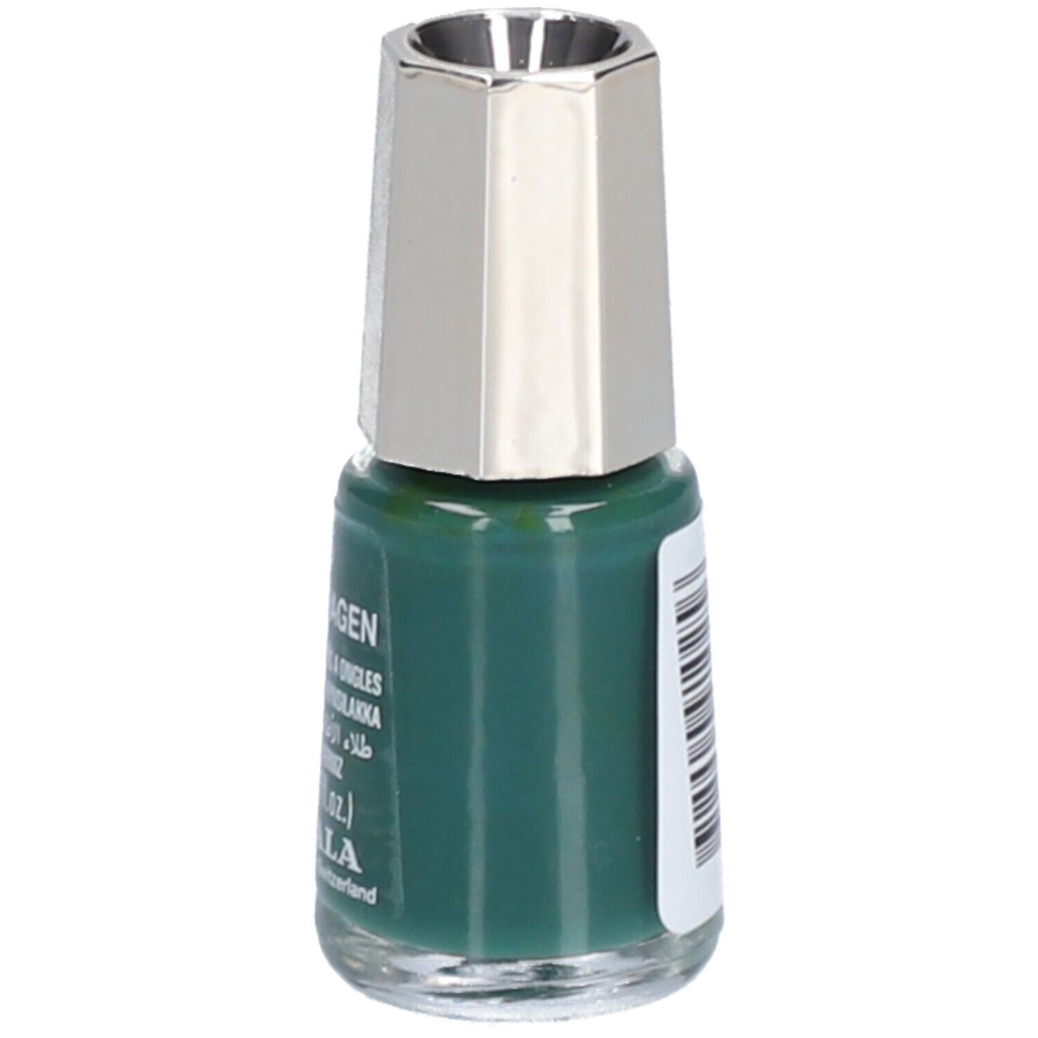Nagellackflakon, grün, mit silberfarbenem Deckel. Auf dem Etikett sind Informationen und ein Barcode abgebildet.
