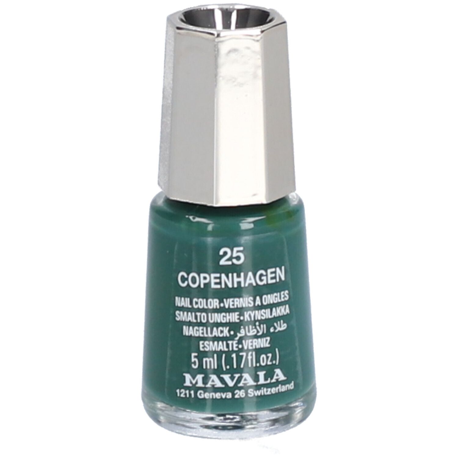 Grüner Nagellackflakon mit silberfarbenem Deckel. Aufschrift: 25 Copenhagen, Nagellack, 5 ml, Mavala.