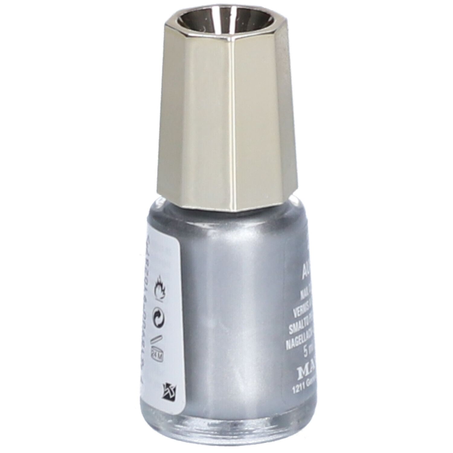Nagellackflasche, silberfarben. Aufschrift: Mavala, 1211 Geneva 26 Switzerland. Etikett mit Text.