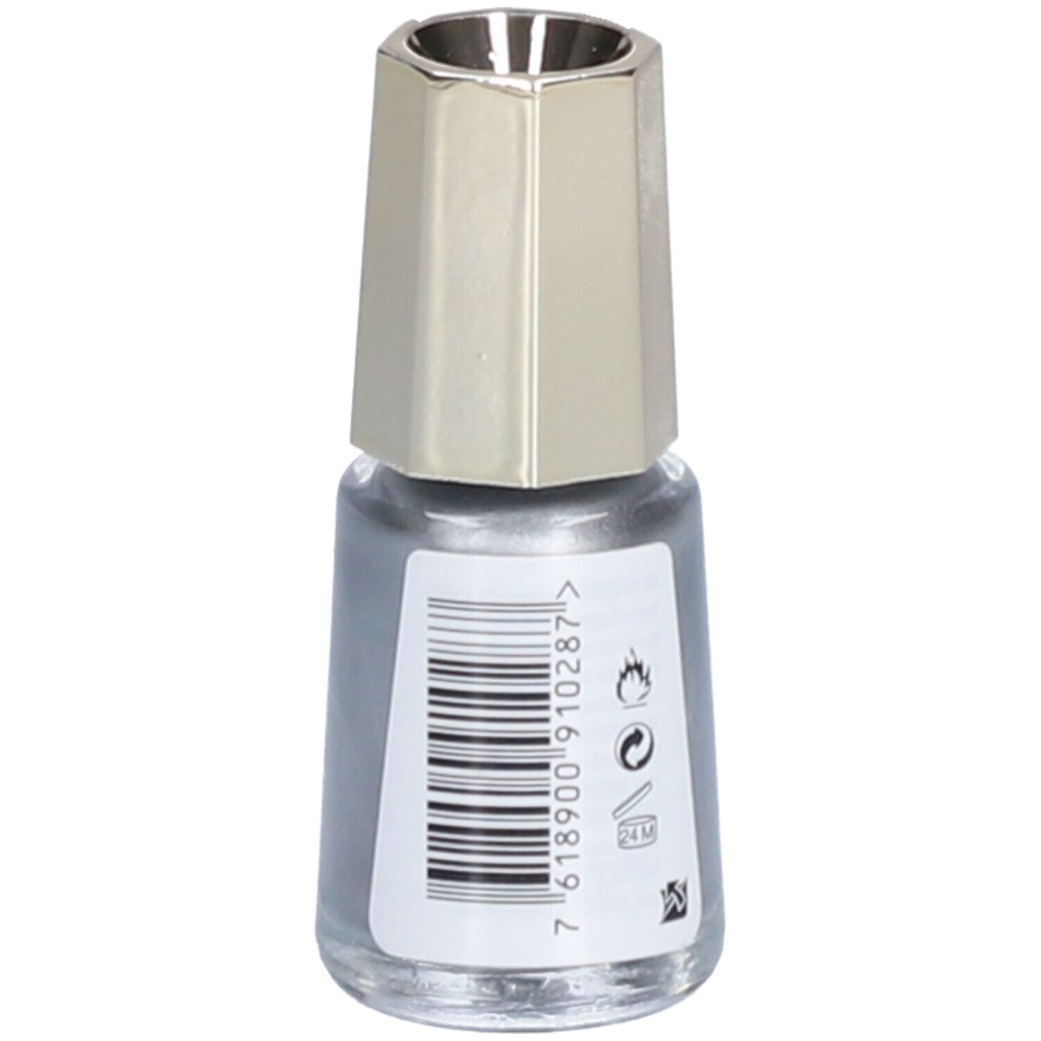Nagellackflasche, silberfarben. Barcode-Etikett. Aufschrift: 7 618900 910287. Recycling-Symbole.