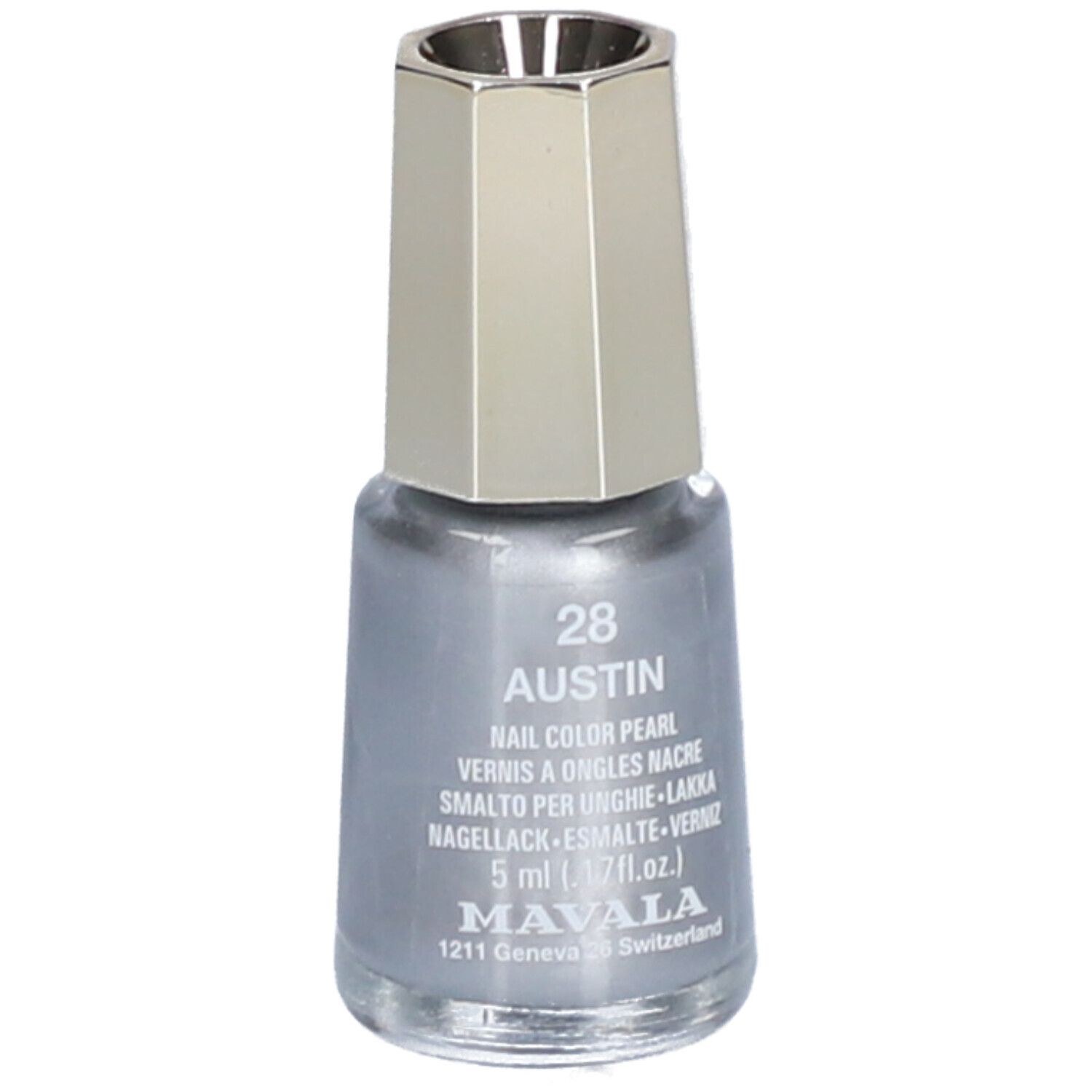 Nagellackflasche, silberfarben. Aufschrift: 28 Austin, Nail Color Pearl, 5 ml, Mavala.