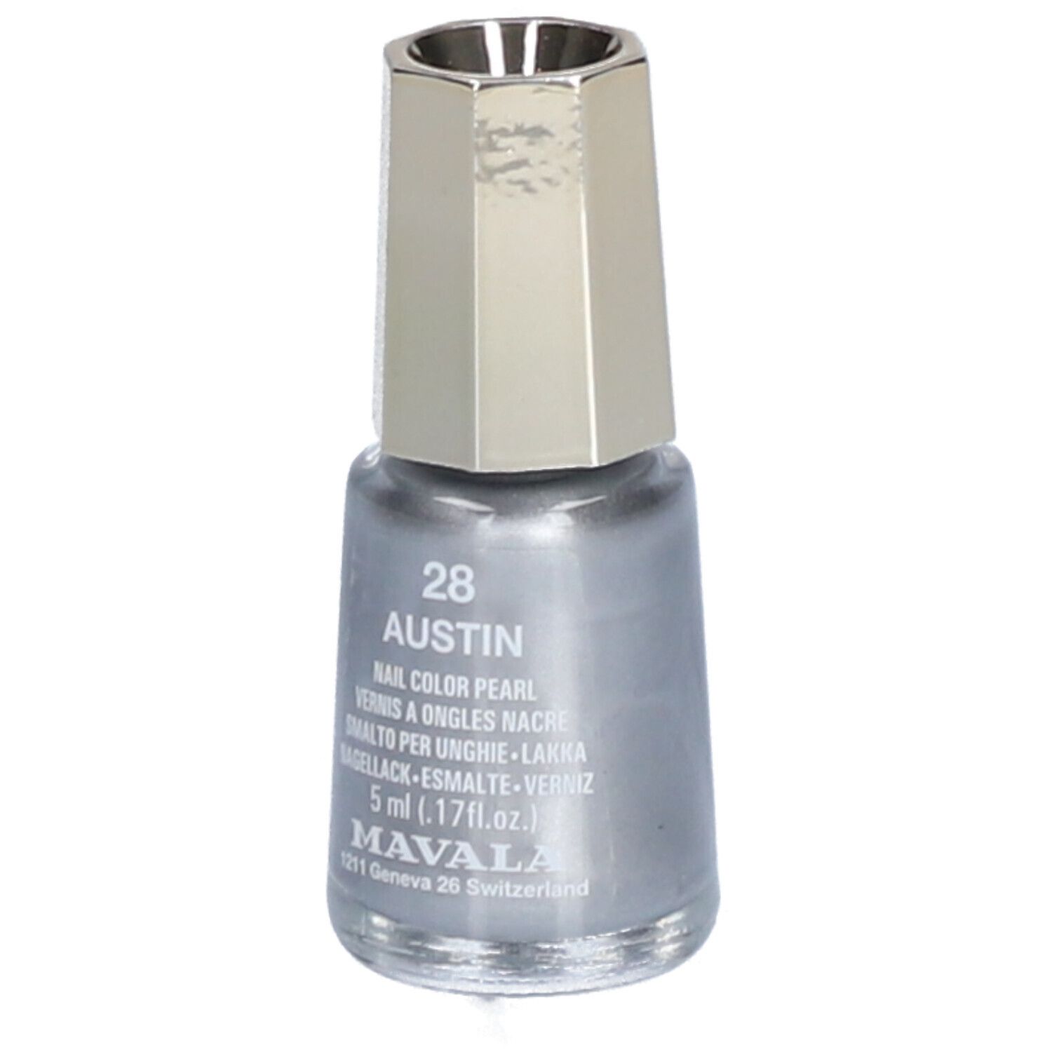 Nagellackflasche, silberfarben. Aufschrift: 28 Austin, Nail Color Pearl, 5 ml, Mavala.