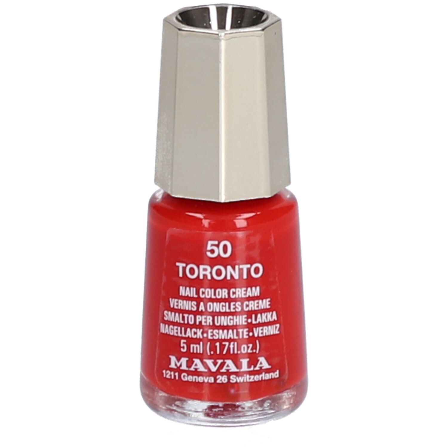 Flacon de vernis à ongles rouge avec bouchon argenté. Inscription : 50 Toronto, Nail Color Cream, 5 ml, Mavala.