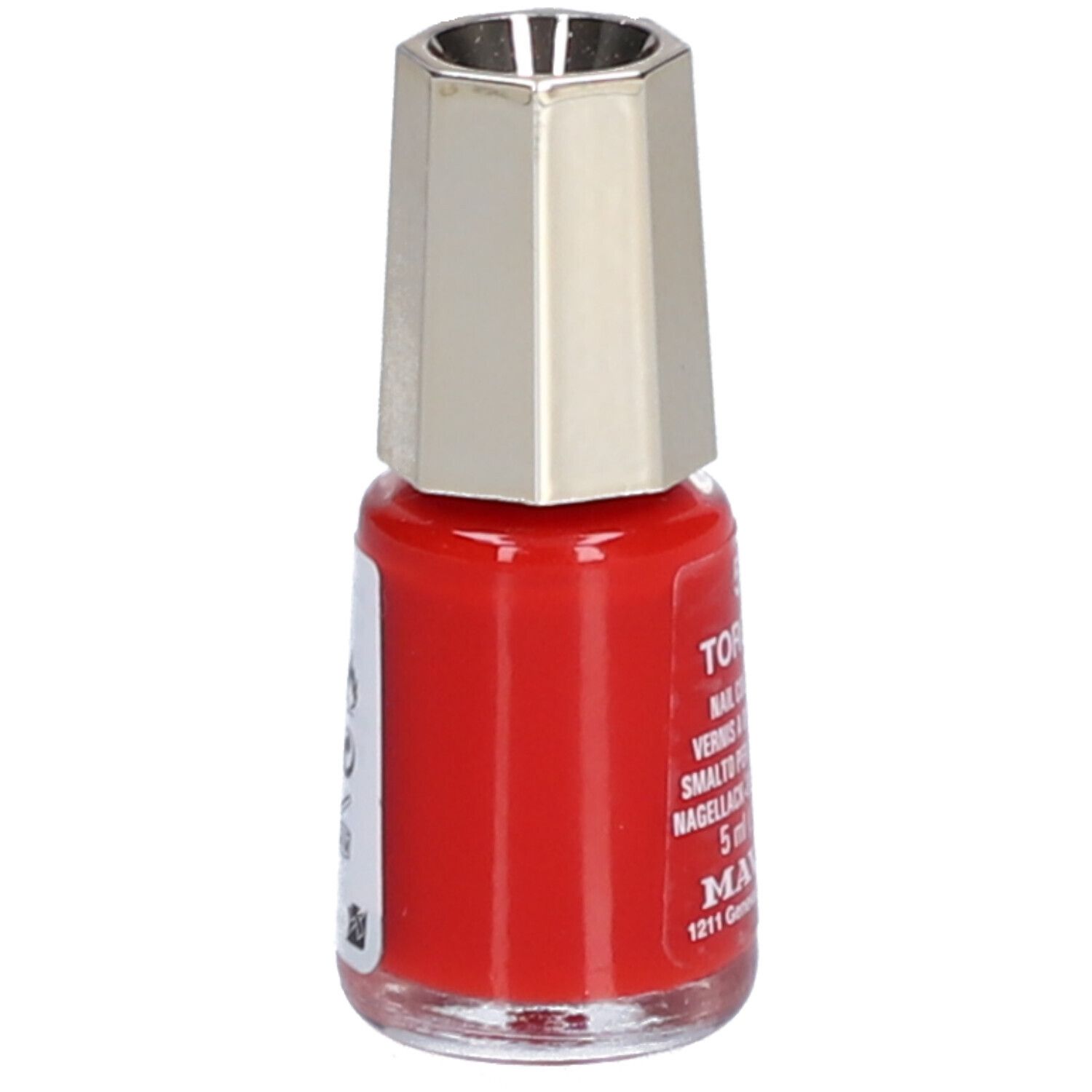 Flacon de vernis à ongles rouge avec bouchon argenté. Inscription : Toronto, Nail Color Cream, 5 ml, Mavala.