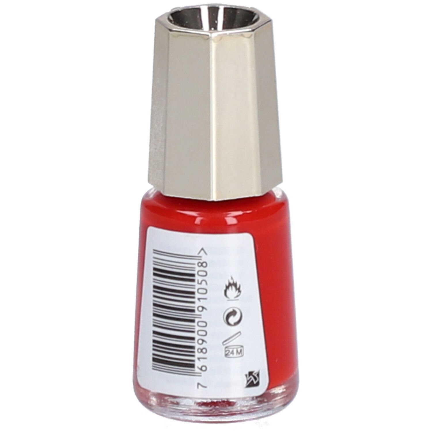 Flacon de vernis à ongles rouge avec bouchon argenté. Code-barres et symboles au dos.