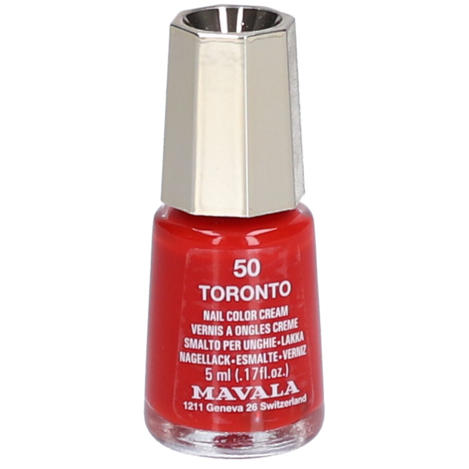 Flacon de vernis à ongles rouge avec bouchon argenté. Inscription : 50 Toronto, Nail Color Cream, 5 ml, Mavala.