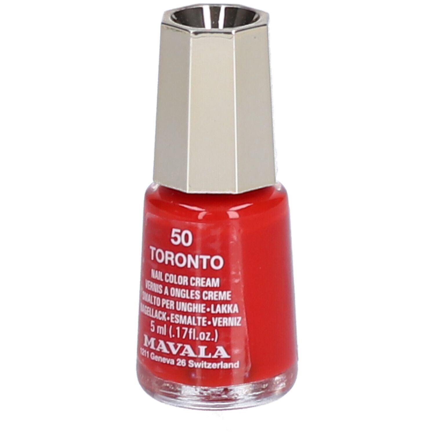 Flacon de vernis à ongles rouge avec bouchon argenté. Inscription : 50 Toronto, Nail Color Cream, 5 ml, Mavala.