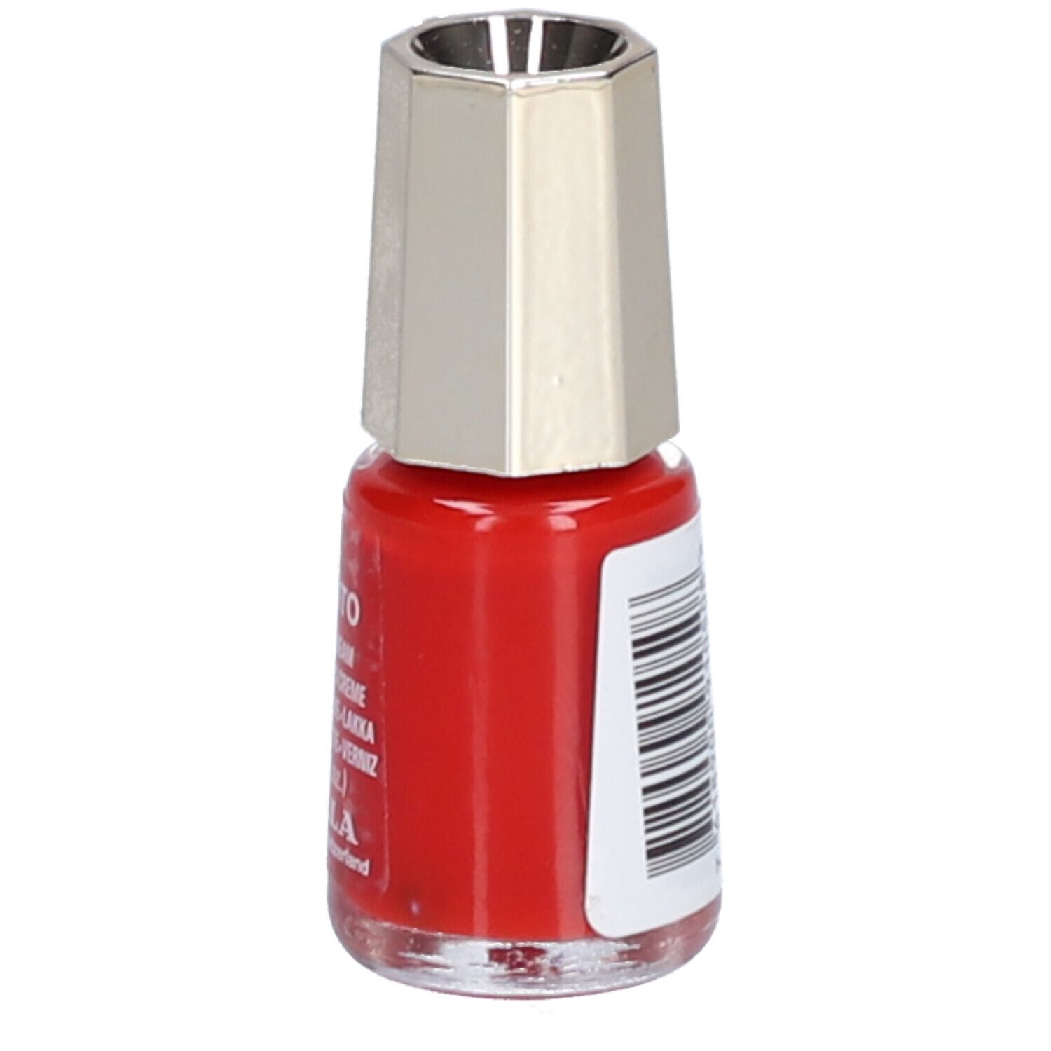 Flacon de vernis à ongles rouge avec bouchon argenté. Code-barres et informations produit sur le côté.