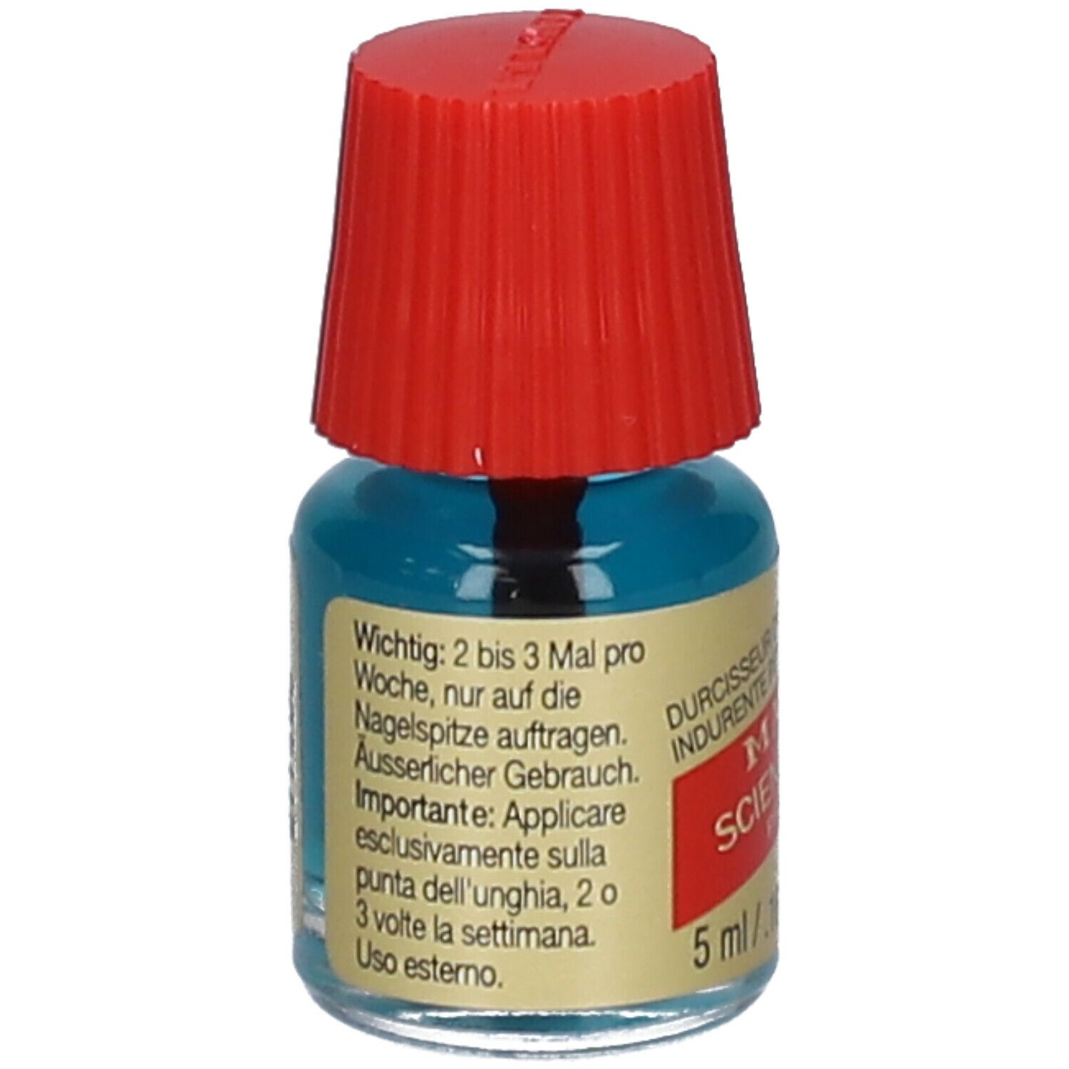 Petite bouteille avec bouchon rouge. Inscription: Mavala Scientifique K+ Pro Keratin. 5 ml. Texte au dos.