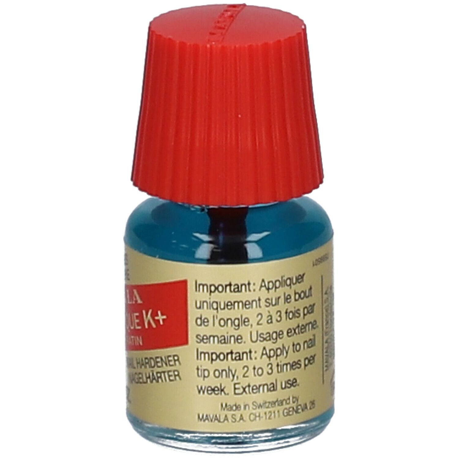 Petite bouteille avec bouchon rouge. Inscription: Mavala Scientifique K+ Pro Keratin. 5 ml. Texte au dos.