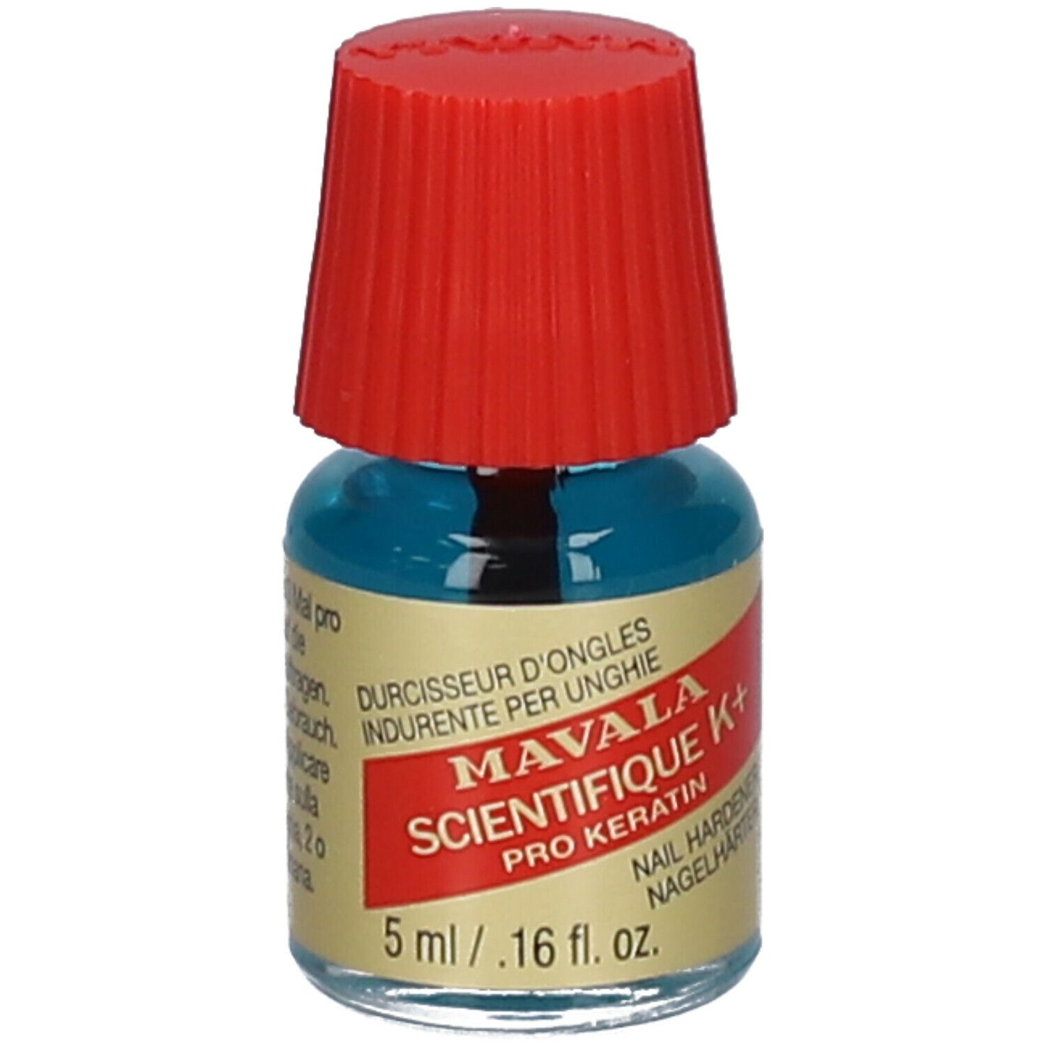 Petite bouteille avec bouchon rouge. Inscription: Mavala Scientifique K+ Pro Keratin. 5 ml.