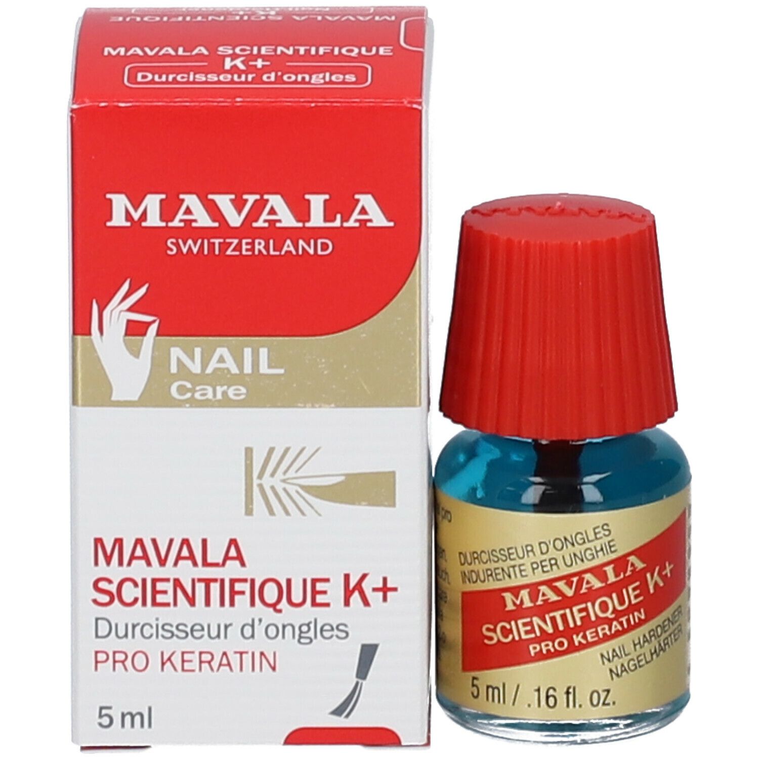 Produit et emballage. Bouteille avec bouchon rouge, inscription: Mavala Scientifique K+ Pro Keratin. 5 ml. Boîte.