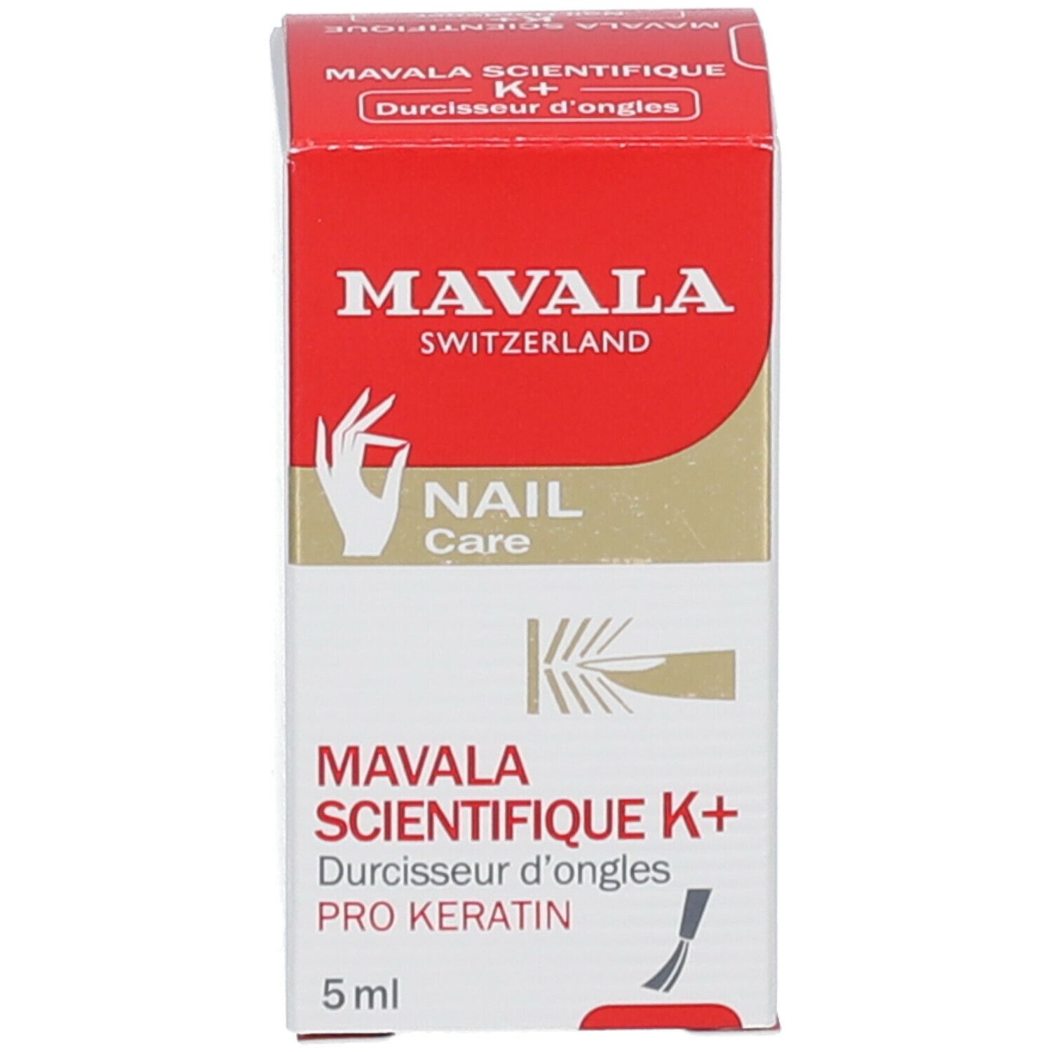 Emballage carton. Inscription: Mavala Scientifique K+ Pro Keratin. 5 ml. Image d'une main.