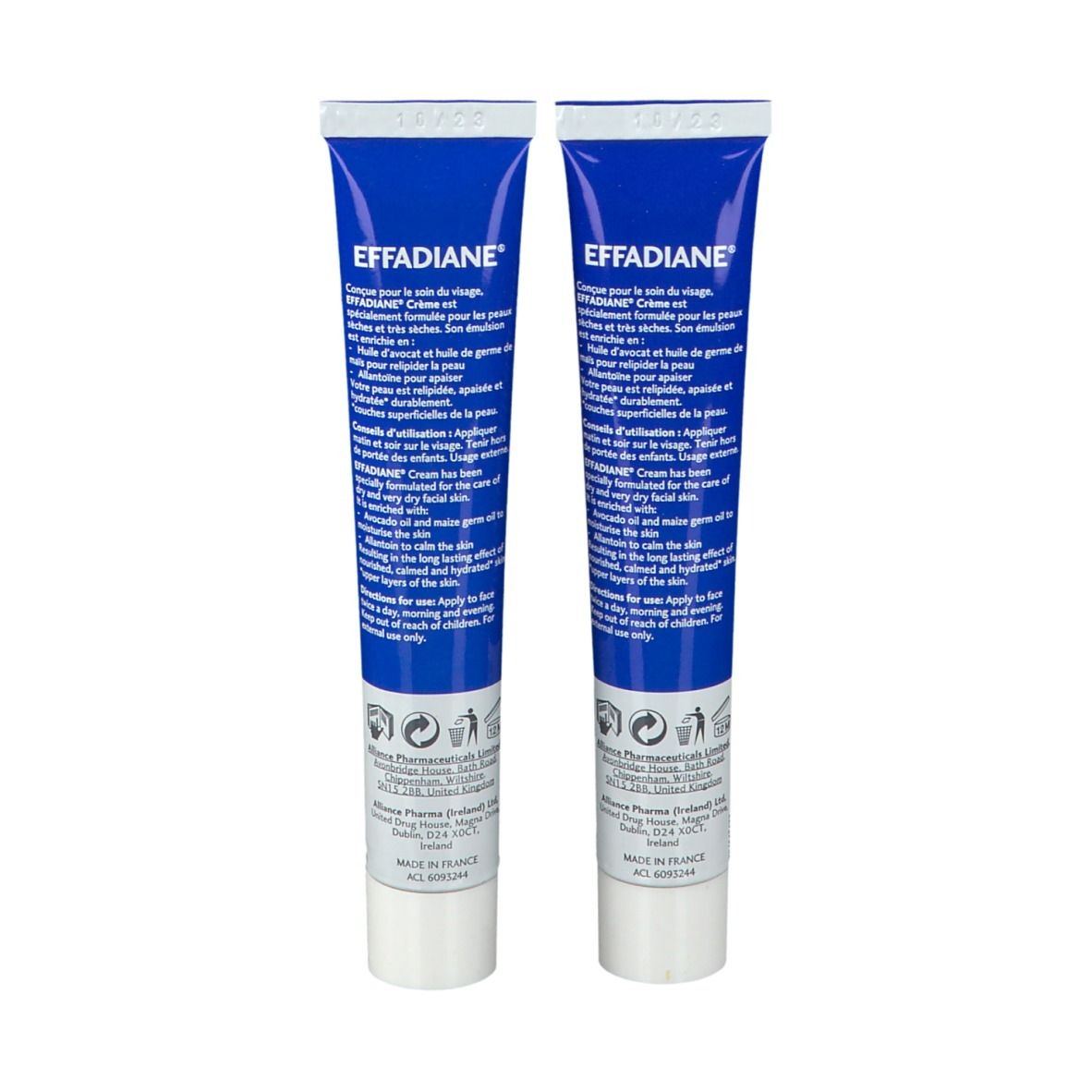 Zwei Tuben EFFADIANE® Crème, Rückseite. Text: Crème pour le soin du visage. Für trockene bis sehr trockene Haut. 30 ml.