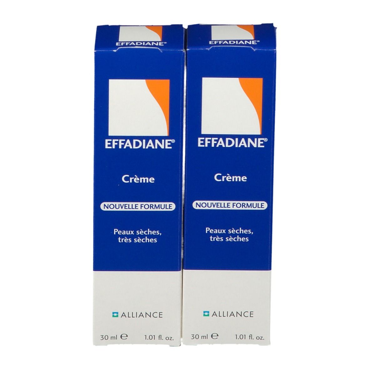 Zwei Schachteln EFFADIANE® Crème. Aufschrift: Crème, Nouvelle Formule. Für trockene bis sehr trockene Haut. 30 ml.