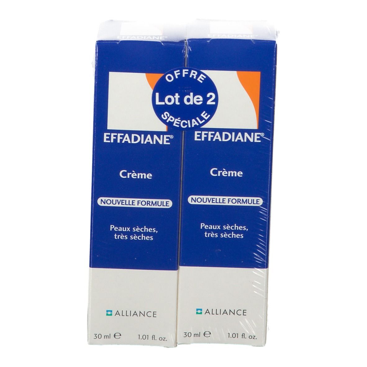 Zwei Schachteln EFFADIANE® Crème. Aufschrift: Lot de 2, Offre Spéciale. Crème, Nouvelle Formule. 30 ml.