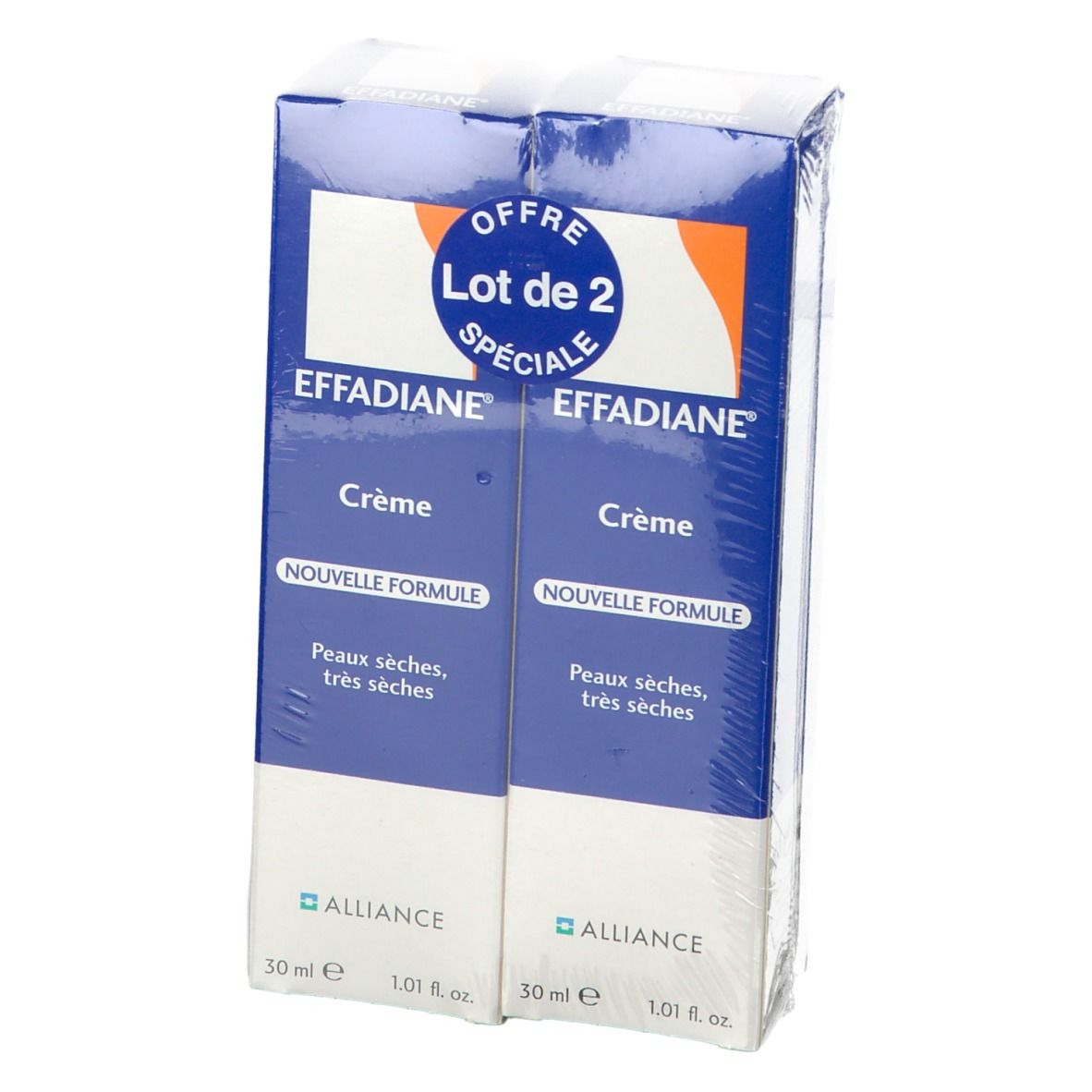 Zwei Schachteln EFFADIANE® Crème. Aufschrift: Lot de 2, Offre Spéciale. Crème, Nouvelle Formule. 30 ml. Verpackt.
