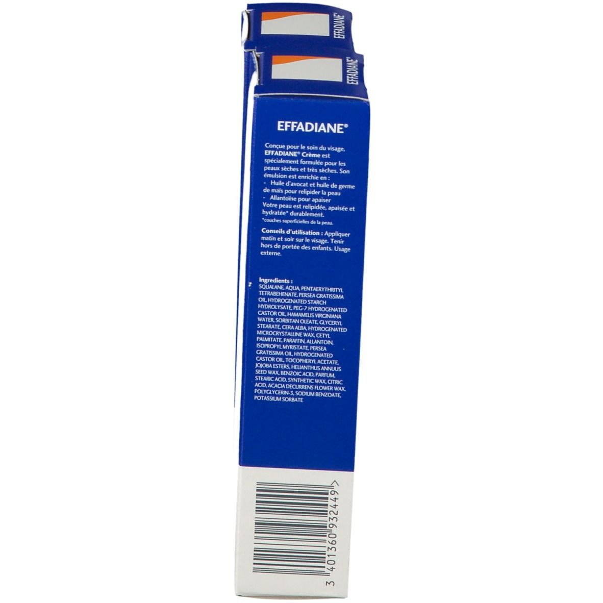 Schachtel EFFADIANE® Crème, Seite. Text: Crème pour le soin du visage. Für trockene bis sehr trockene Haut. Inhaltsstoffe.