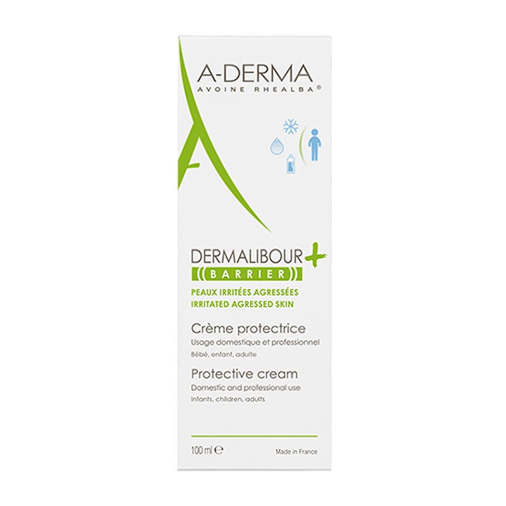 Emballage A-DERMA DERMALIBOUR+. Blanc, accents verts et bleus. Texte: Peaux irritées agressées, Crème protectrice, usage domestique.