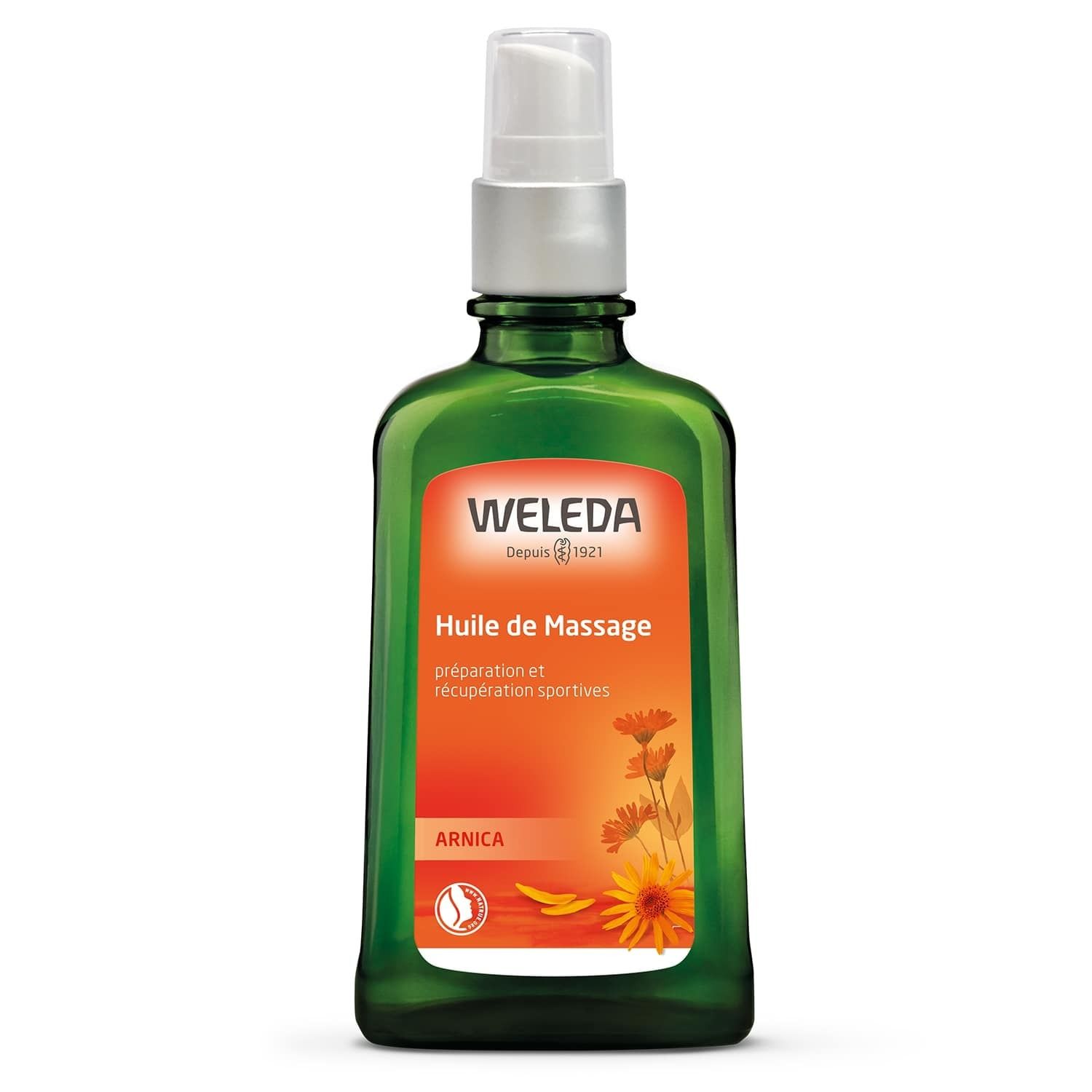 Flacon vert Weleda Huile de Massage Arnica. Avec vaporisateur. Nom et logo.