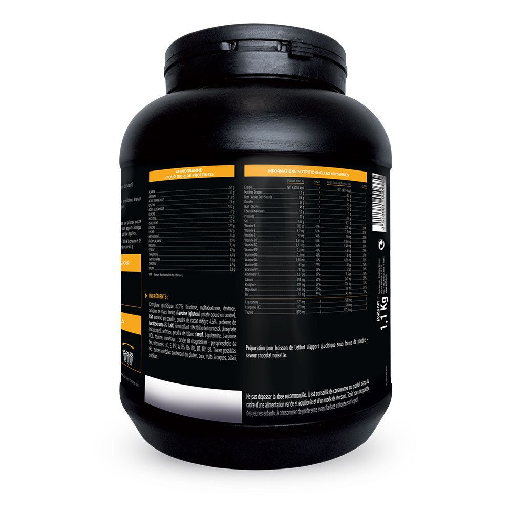 Rückseite des schwarzen Behälters EAFIT Gainer Max. Enthält Nährwertangaben und Zutatenliste. Gewicht: 1,1 kg.