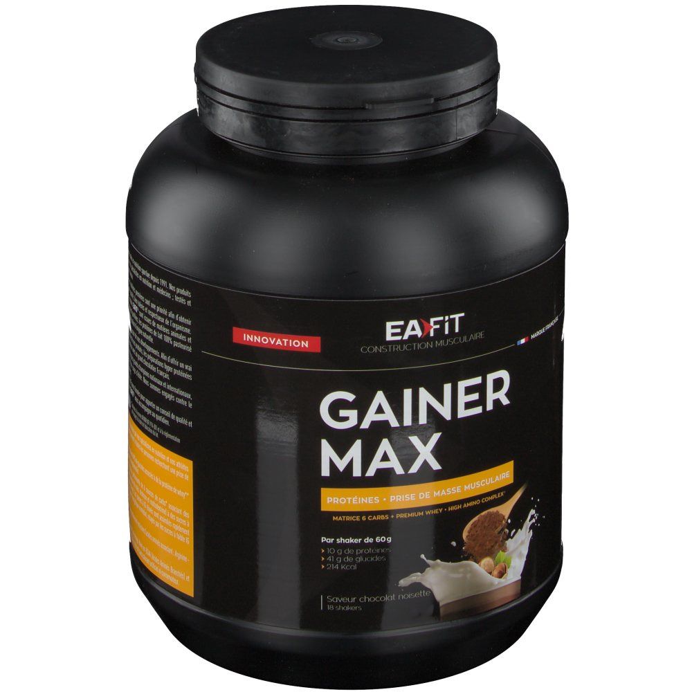 Schwarzer Behälter EAFIT Gainer Max. Aufdruck: Gainer Max, Proteine, Muskelaufbau. Abbildung mit Milch und Haselnüssen.