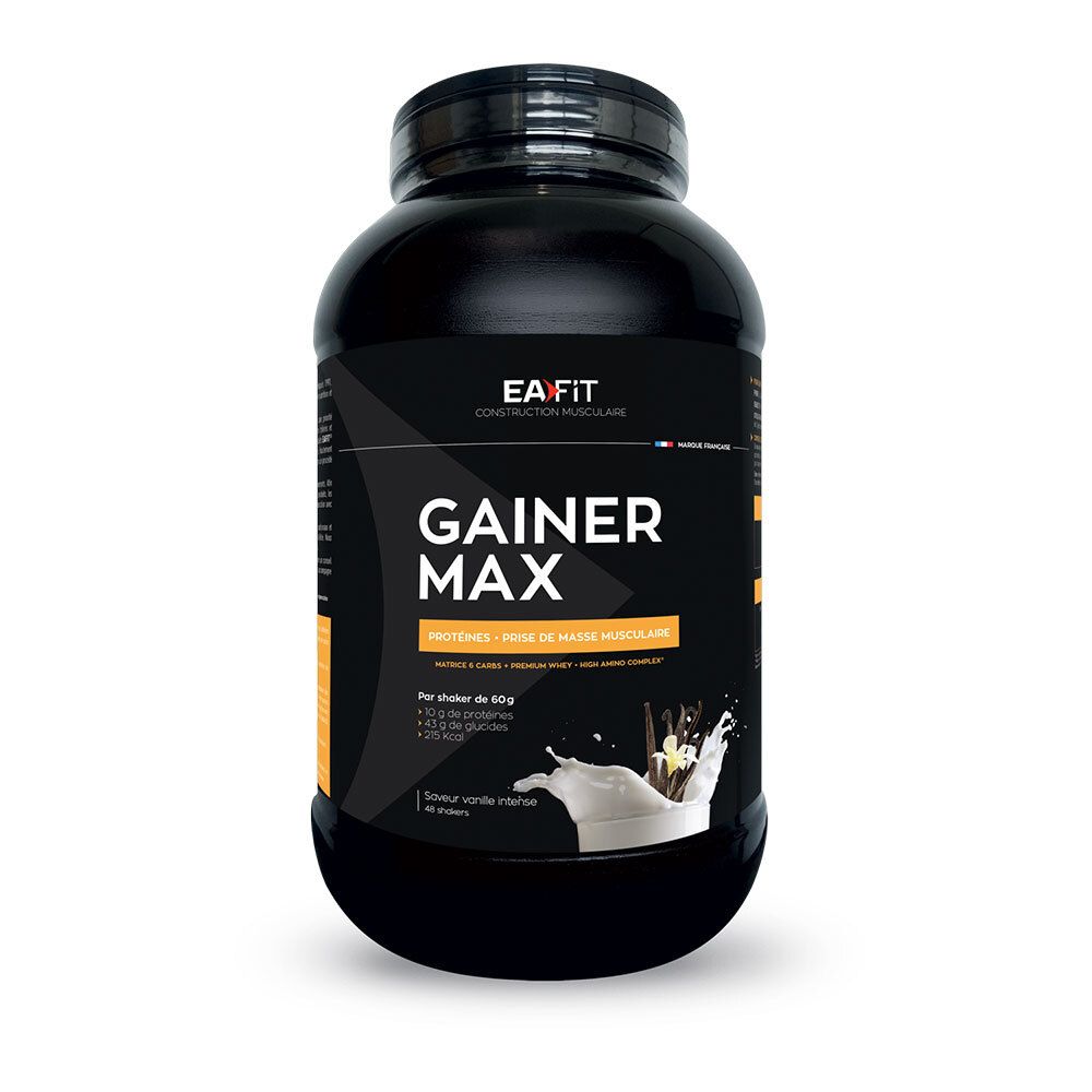 Pot noir EAFIT Gainer Max Vanille. Nom et logo visibles. Éclaboussure de lait et gousse de vanille.