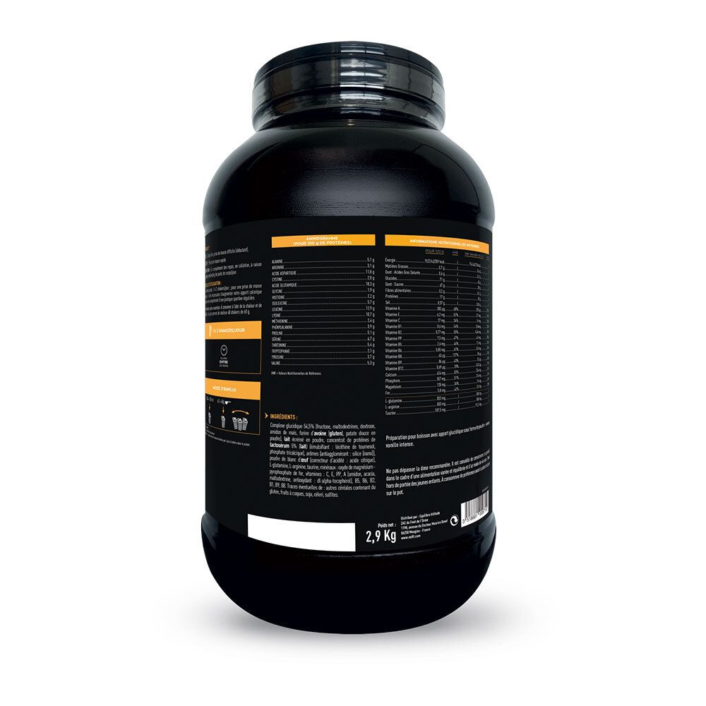 Dos du pot noir EAFIT Gainer Max. Informations nutritionnelles et liste des ingrédients. Poids: 2,9 kg.