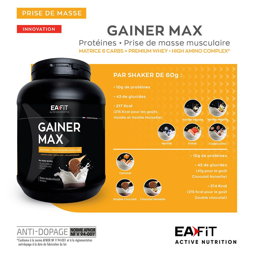 Schwarze Dose EA Fit Gainer Max. Aufschrift Gainer Max. Informationen zu Proteinen, Kohlenhydraten. Aromen: Caramel, Double Chocolat.