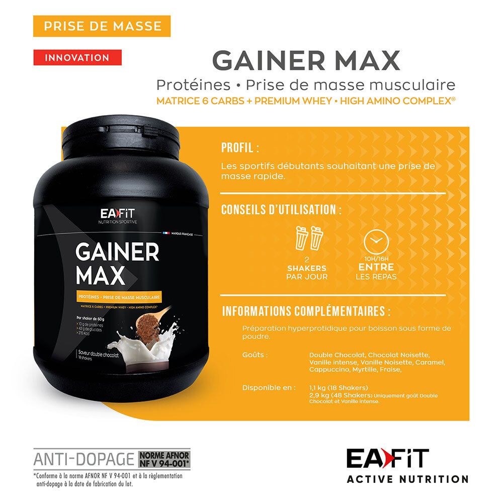 Schwarze Dose EA Fit Gainer Max. Aufschrift Gainer Max. Informationen zur Anwendung. Aromen: Double Chocolat, Chocolat Noisette.