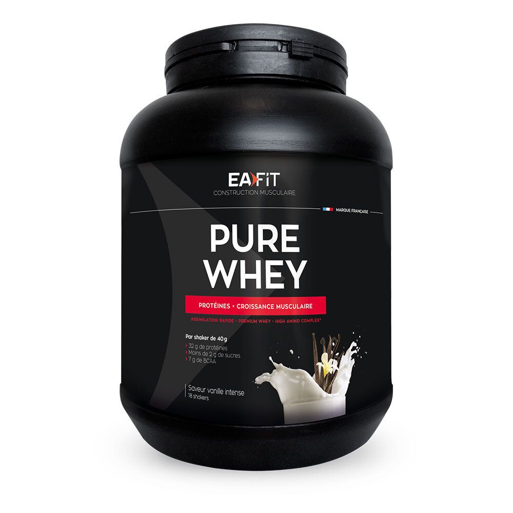 Schwarzer Behälter mit EA FIT PURE WHEY Proteinpulver, Vanille-Geschmack.