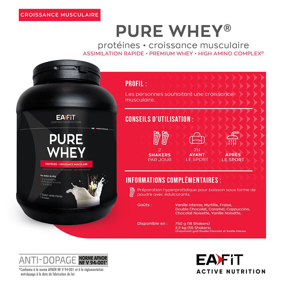 EA FIT PURE WHEY Proteinpulver Behälter mit Anwendungshinweisen und Geschmacksrichtungen.